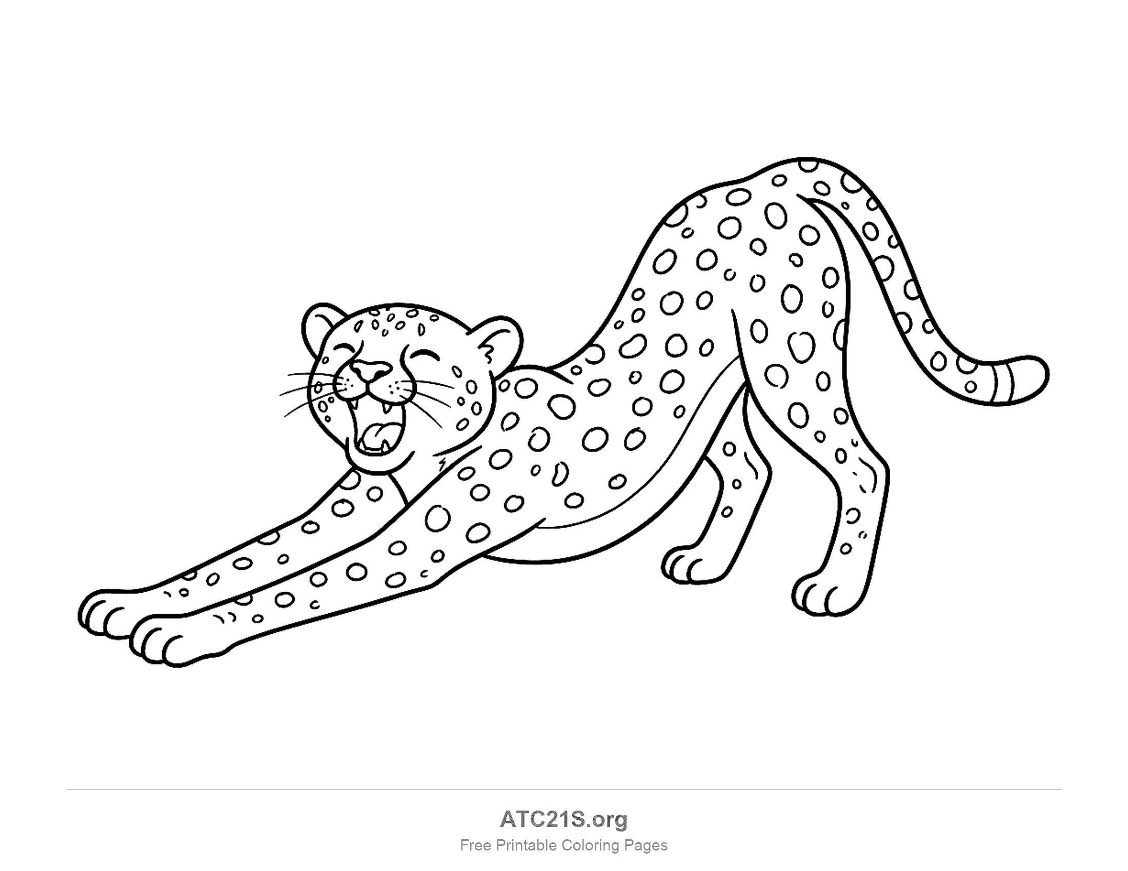 Playful cartoon cheetah stretching its front paws forward with its back arched, mouth open in a yawn and a ringed tail, coloring page to print