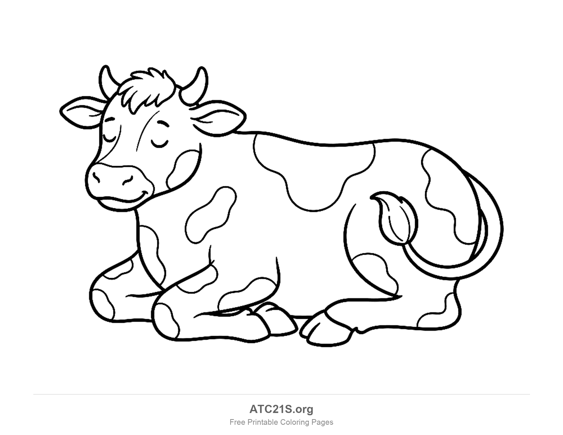 Spotted cow lying down with its eyes closed and tail curled around, simple coloring page for preschoolers