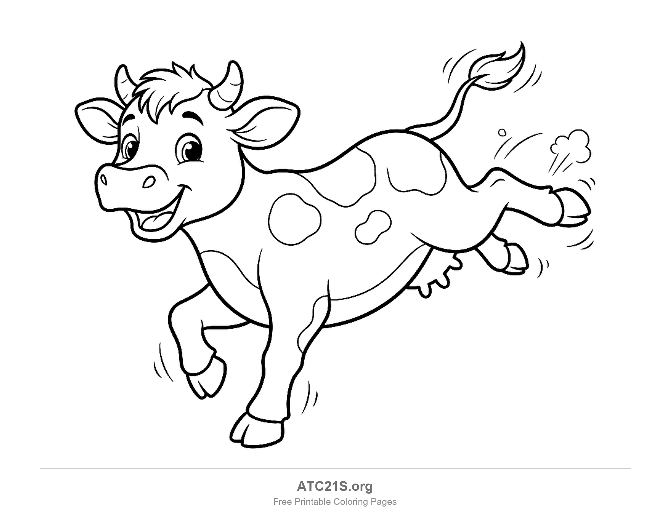 Playful cartoon cow leaping and kicking with a big smile and a wagging tail, printable coloring page