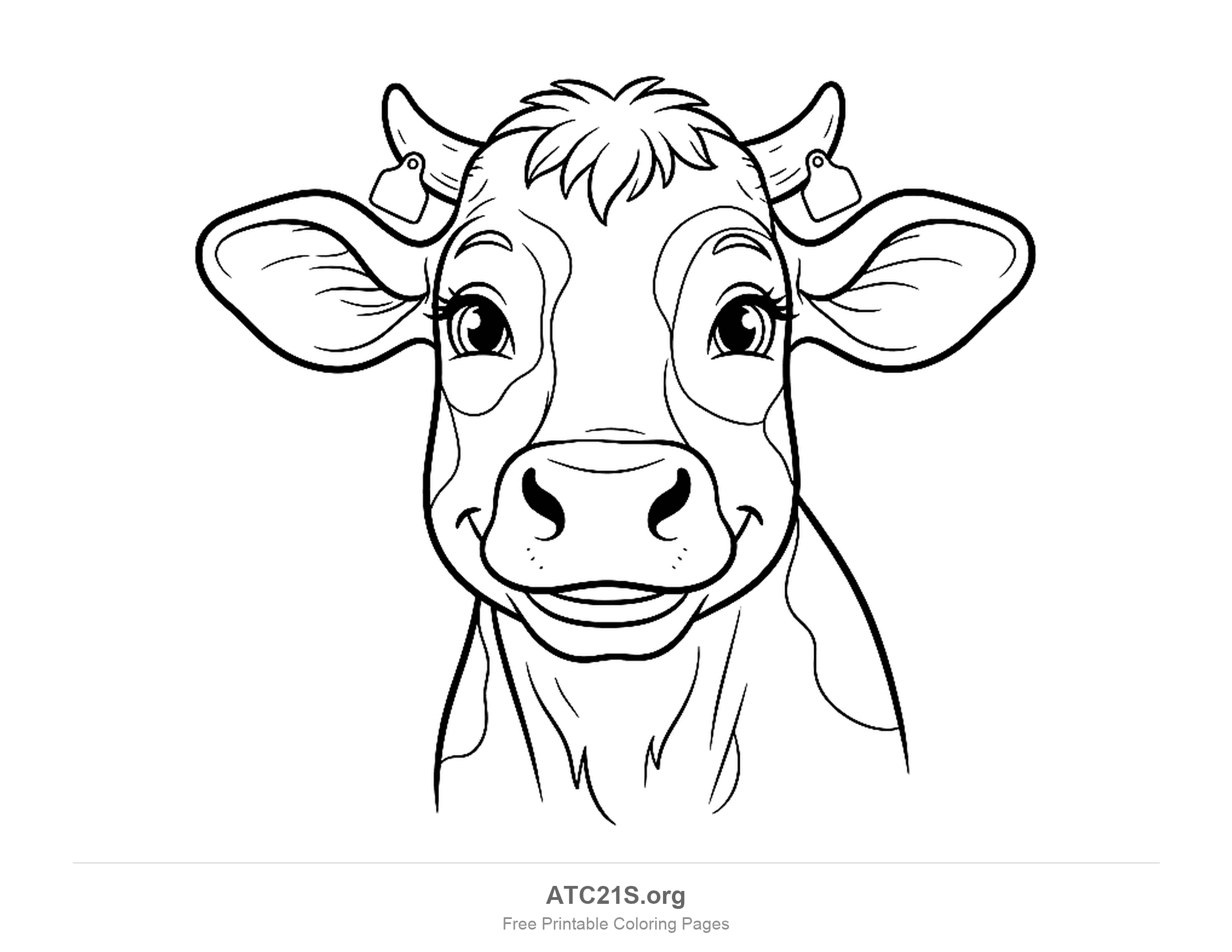 Close-up of a smiling cow face with ear tags, eyelashes and spots, coloring page to print
