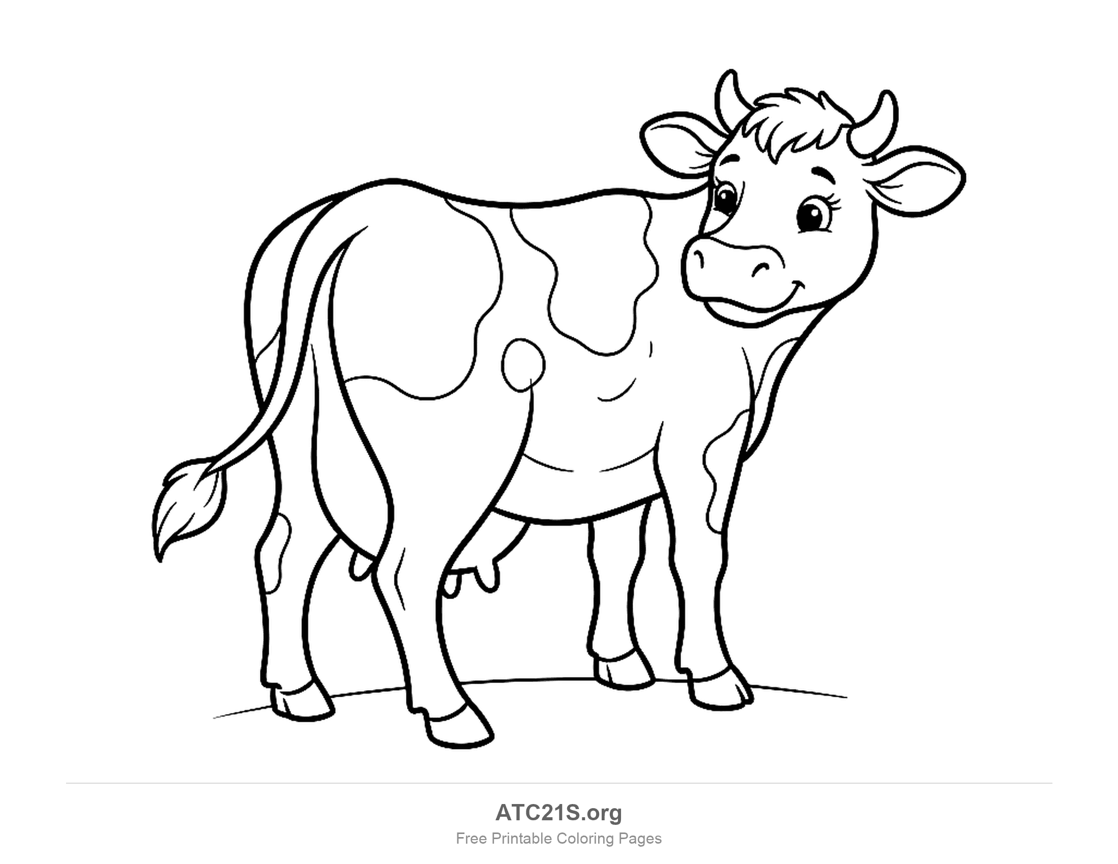 Spotted cow standing and looking over its shoulder with a smile, coloring page