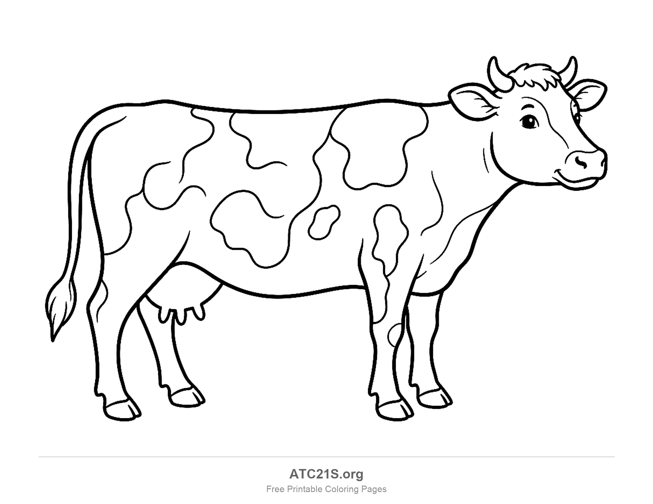 Spotted dairy cow standing in profile with an udder and a hanging tail, coloring page