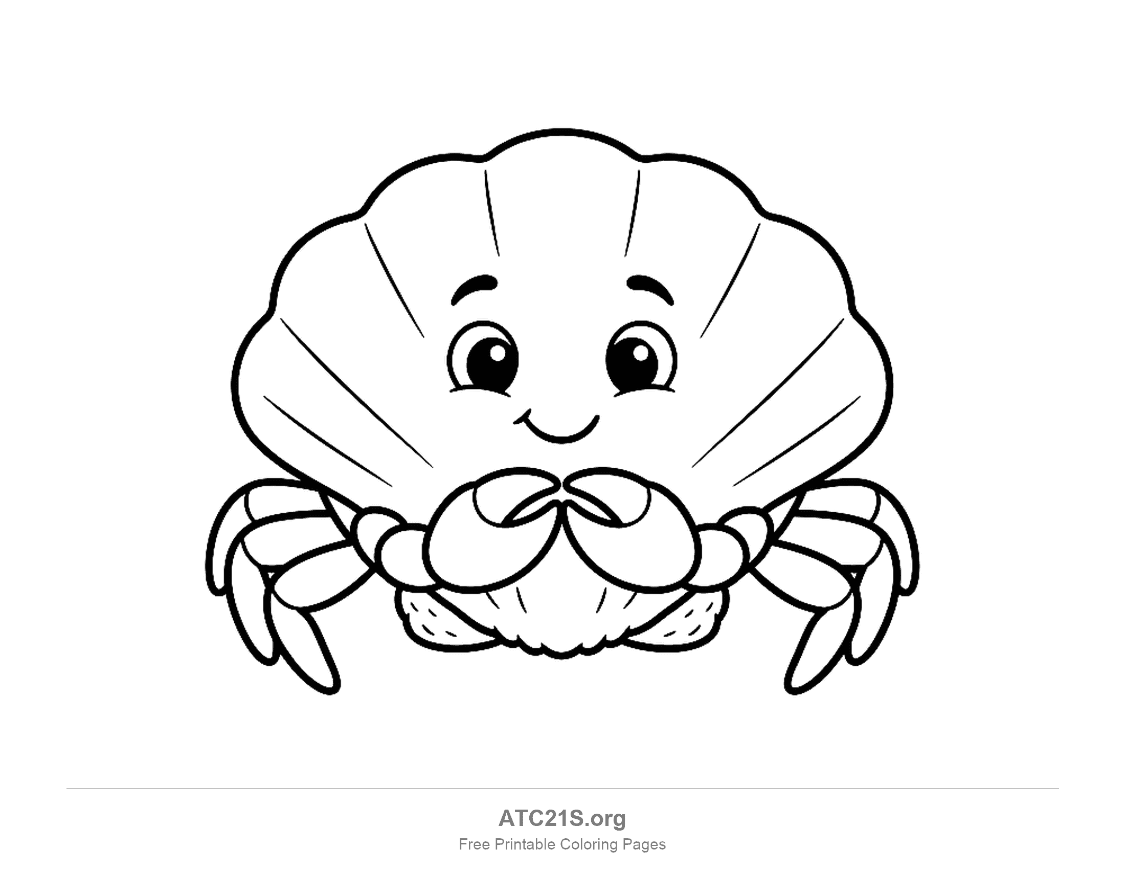 Shy cartoon crab with a scalloped shell, claws tucked together in front of its smiling face, simple coloring page for preschoolers