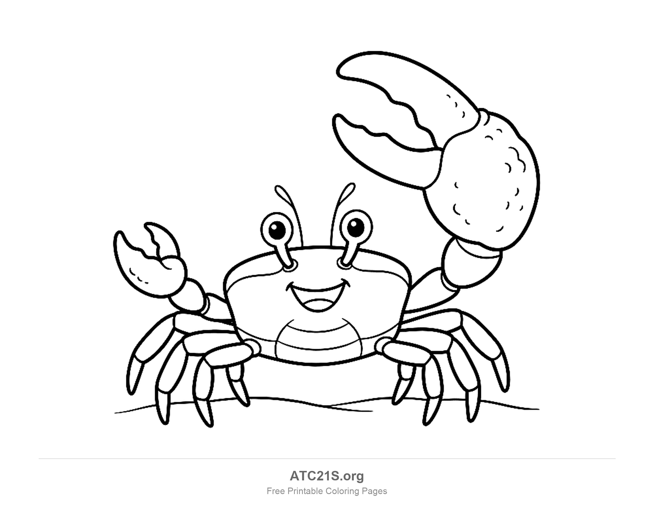 Cute smiling crab waving one oversized claw, standing with eight walking legs, printable coloring page