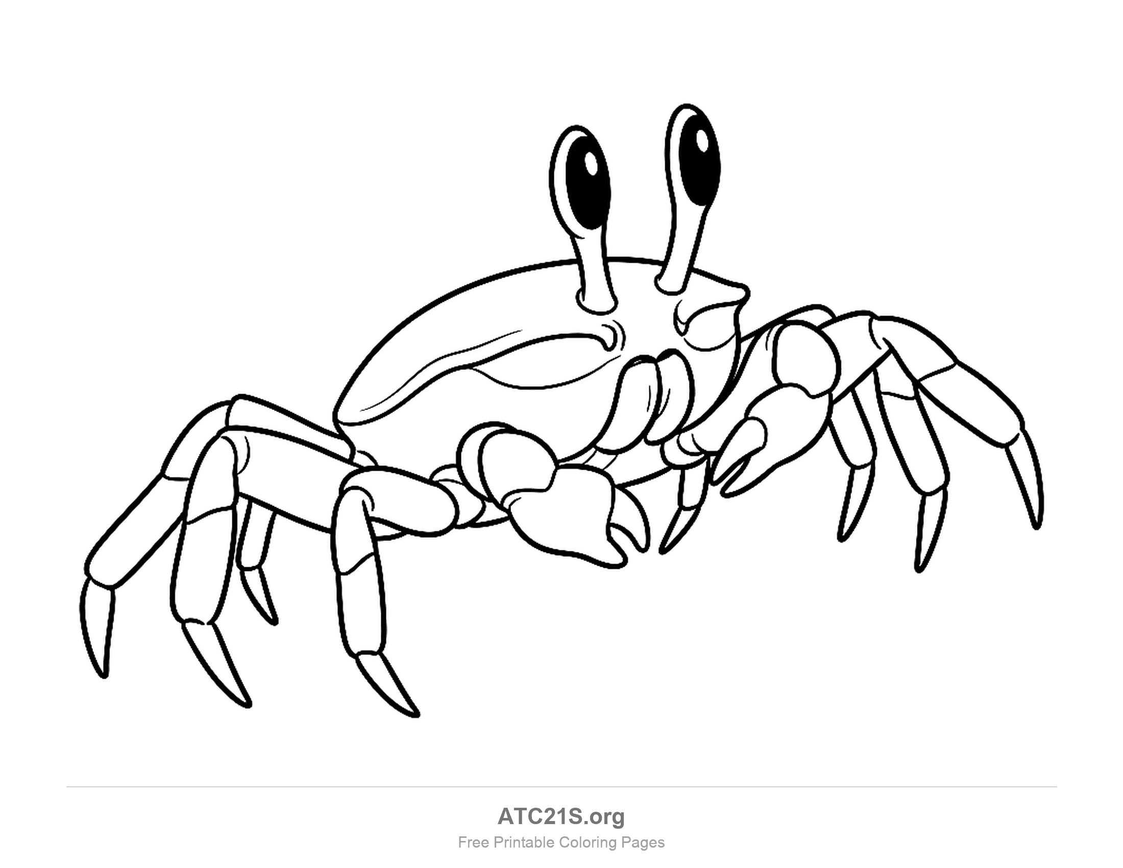 Crab walking sideways with tall eyestalks, small claws and long segmented legs, coloring page to print