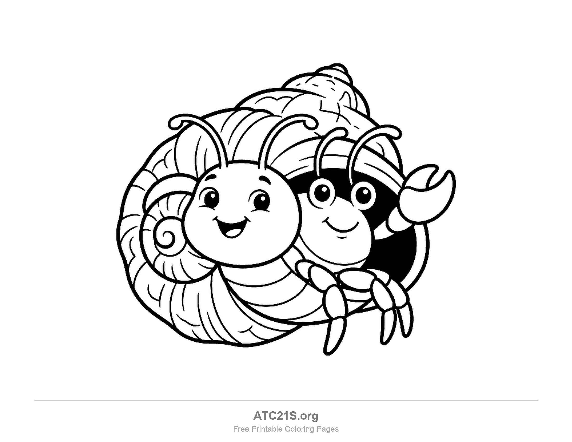 Two cute hermit crabs sharing a spiral shell, one smiling widely and one waving a claw, coloring page for kids