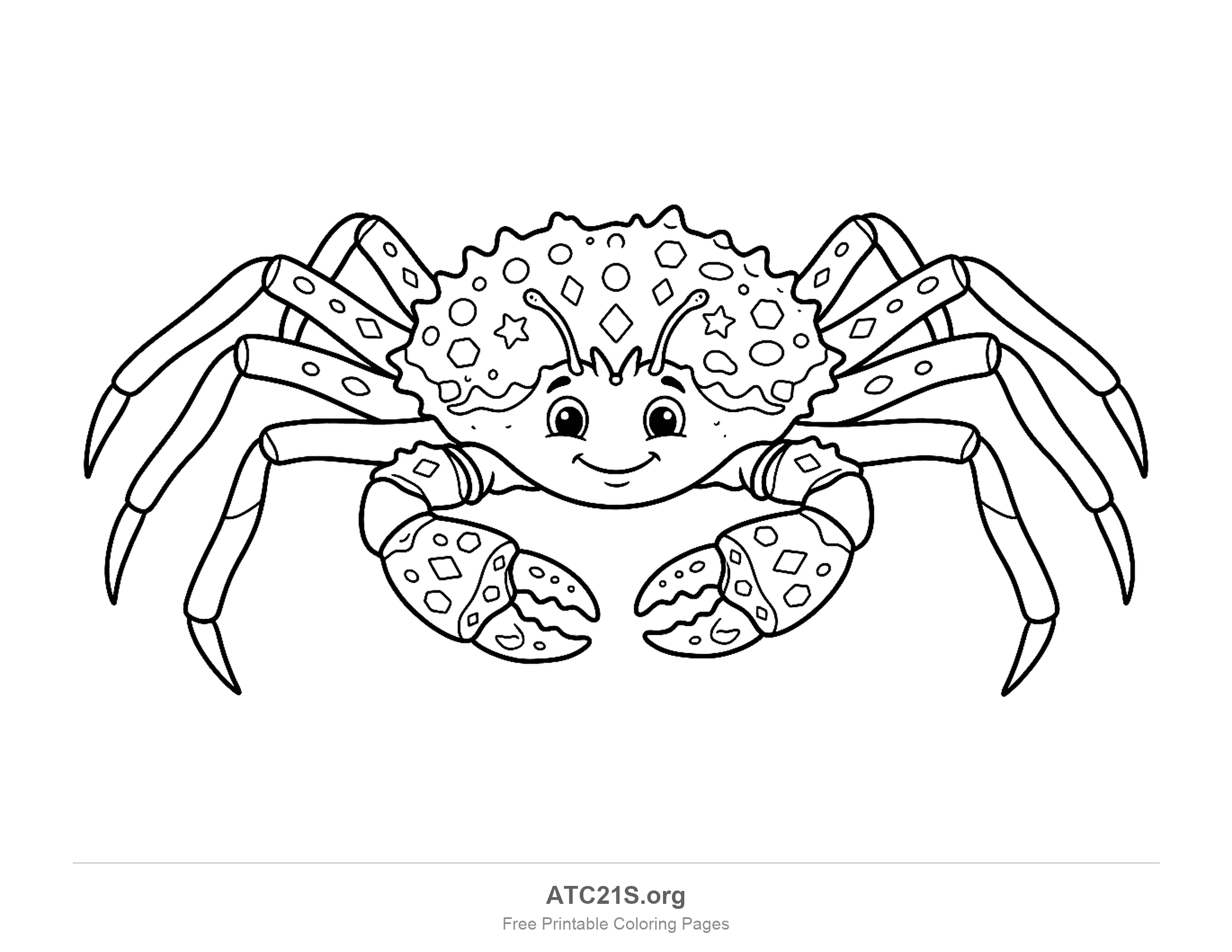 Smiling crab with a spiky shell covered in stars, diamonds and hexagons, and long king-crab legs, coloring page