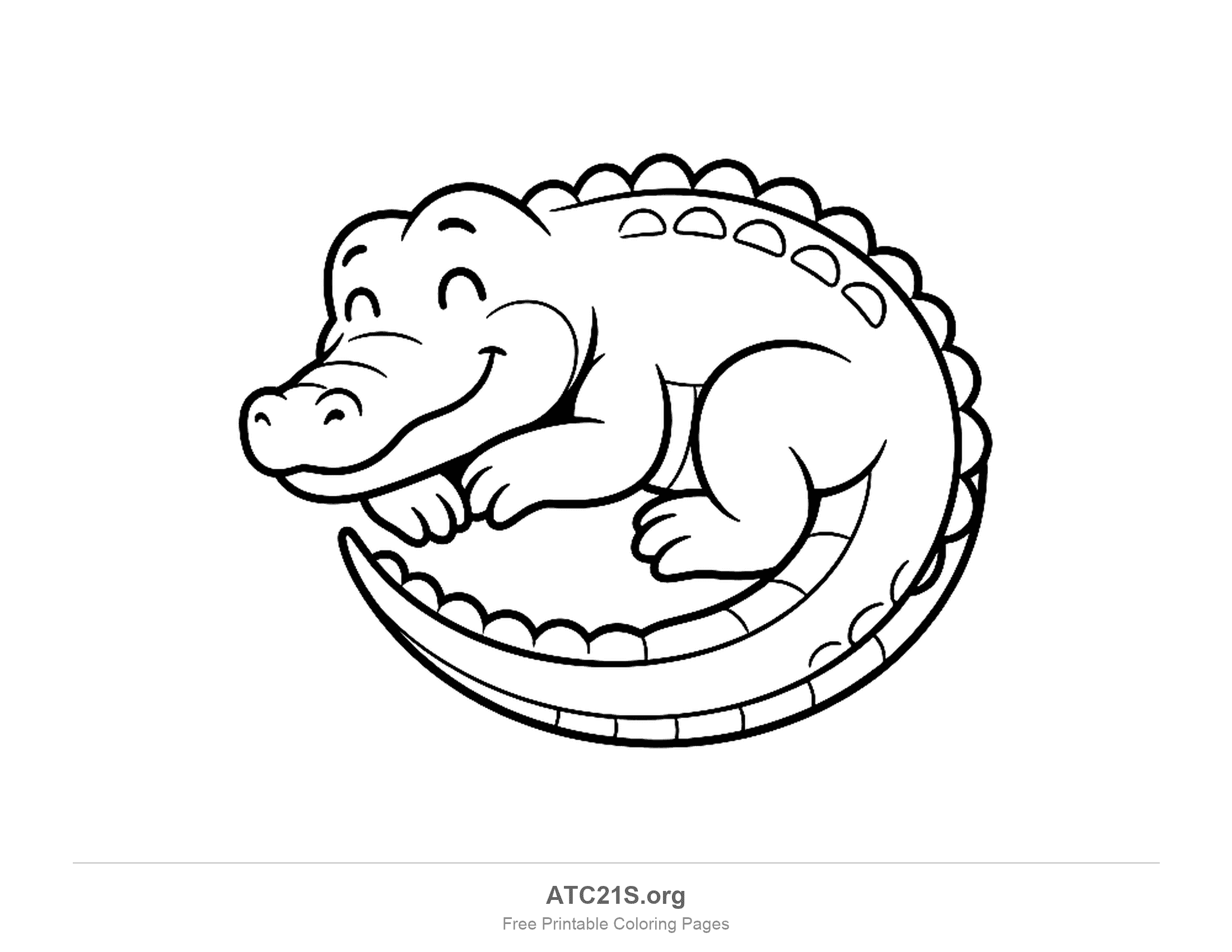 Cute crocodile sleeping curled into a circle with closed happy eyes, its head resting on its front paws and its tail wrapped around its body, simple coloring page for preschoolers