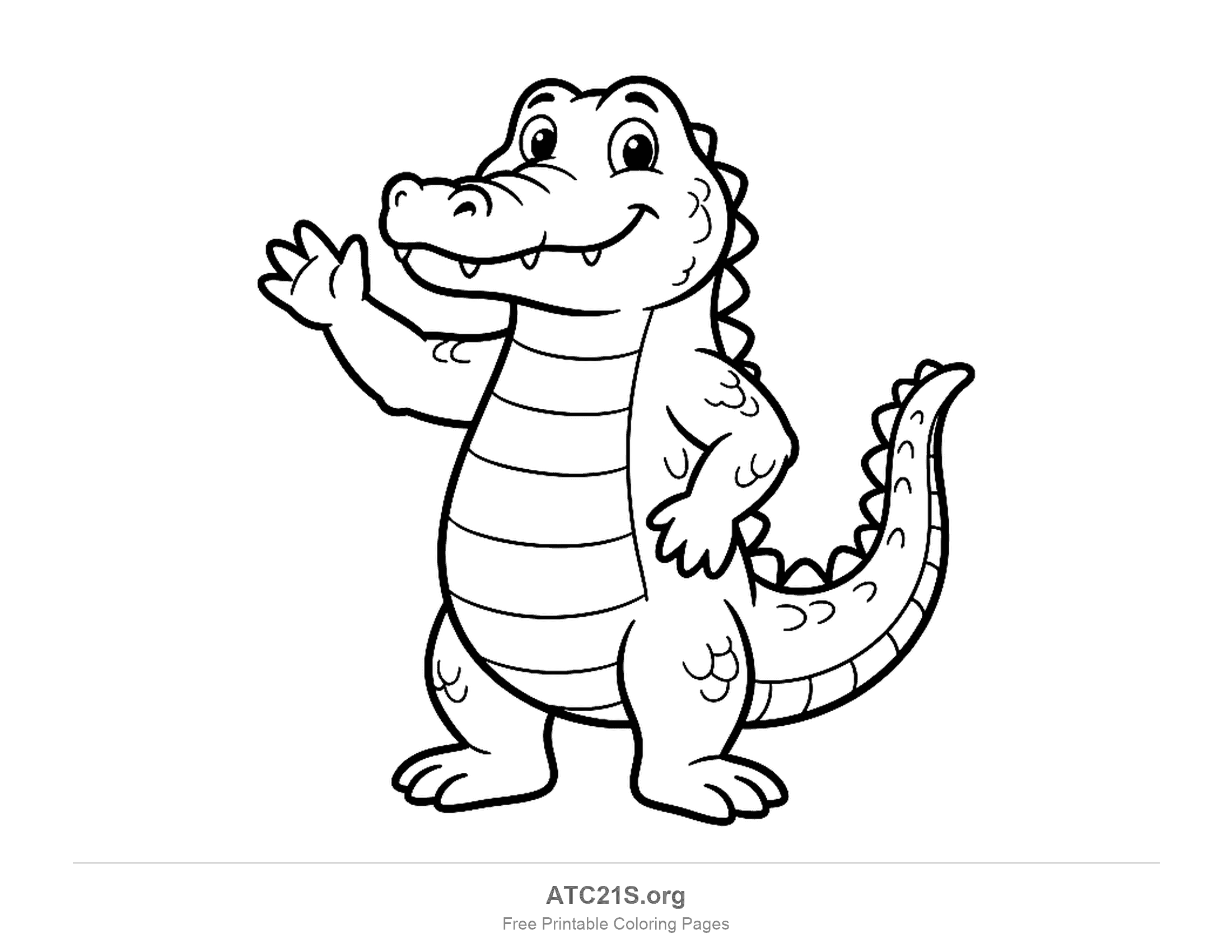 Cute cartoon crocodile standing upright on its hind legs, waving one hand with the other on its hip, a striped belly and a raised scaly tail, easy coloring page for kids