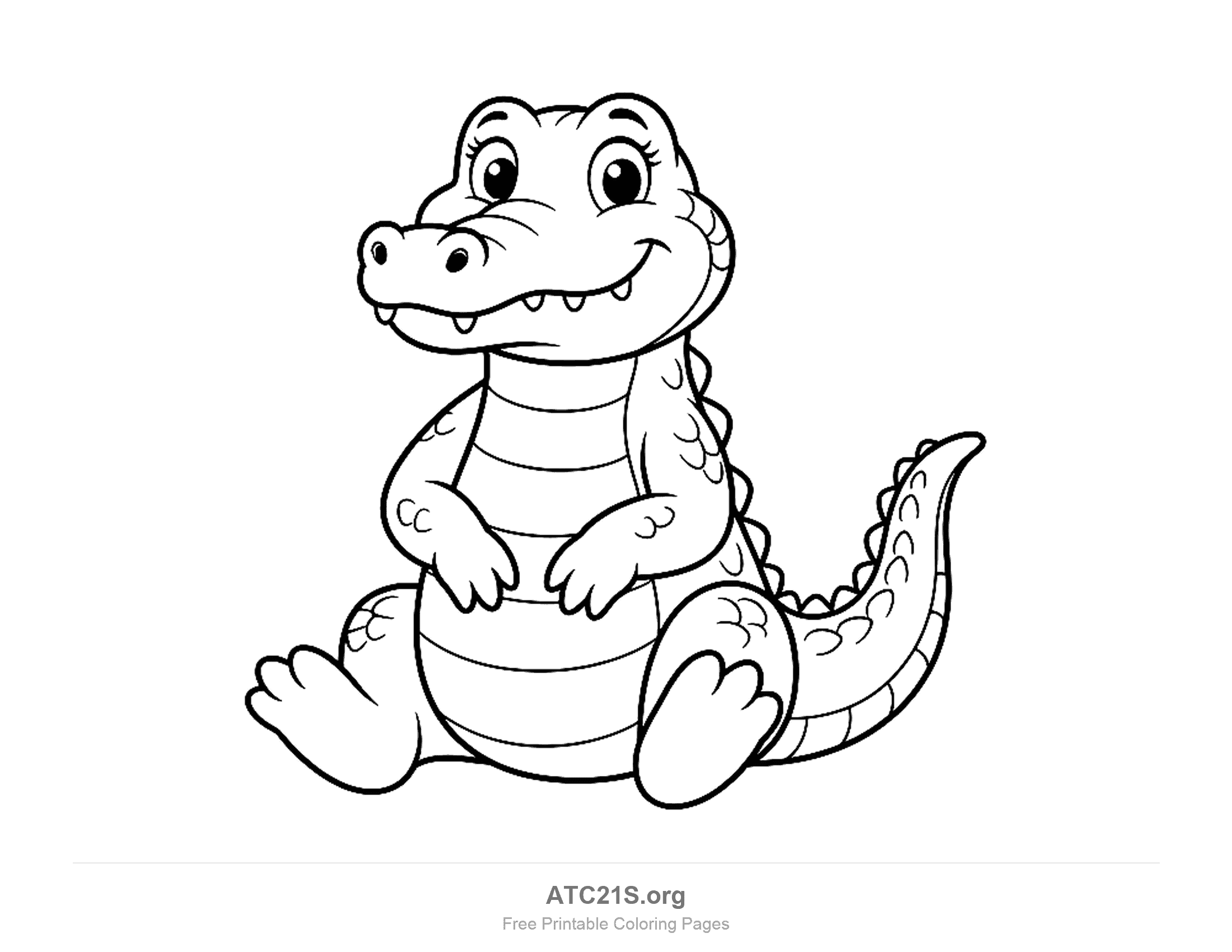 Cute crocodile sitting upright with its front paws on its striped belly, big eyes with eyelashes, a smile and a curved tail, printable coloring page