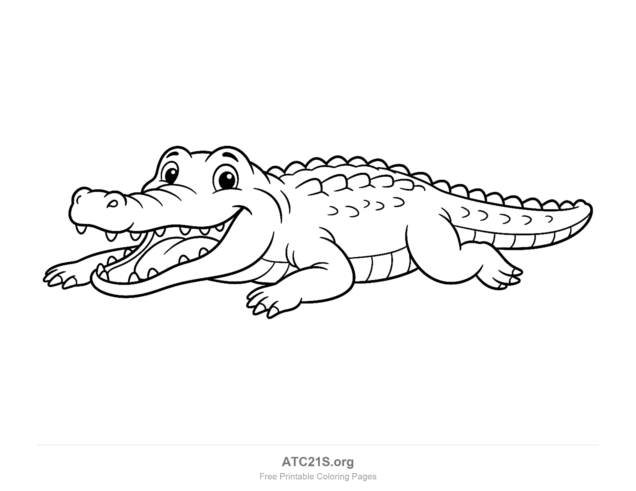 Cheerful crocodile lying down with its mouth wide open showing rows of teeth, one front paw raised and scutes along its back, coloring page to print
