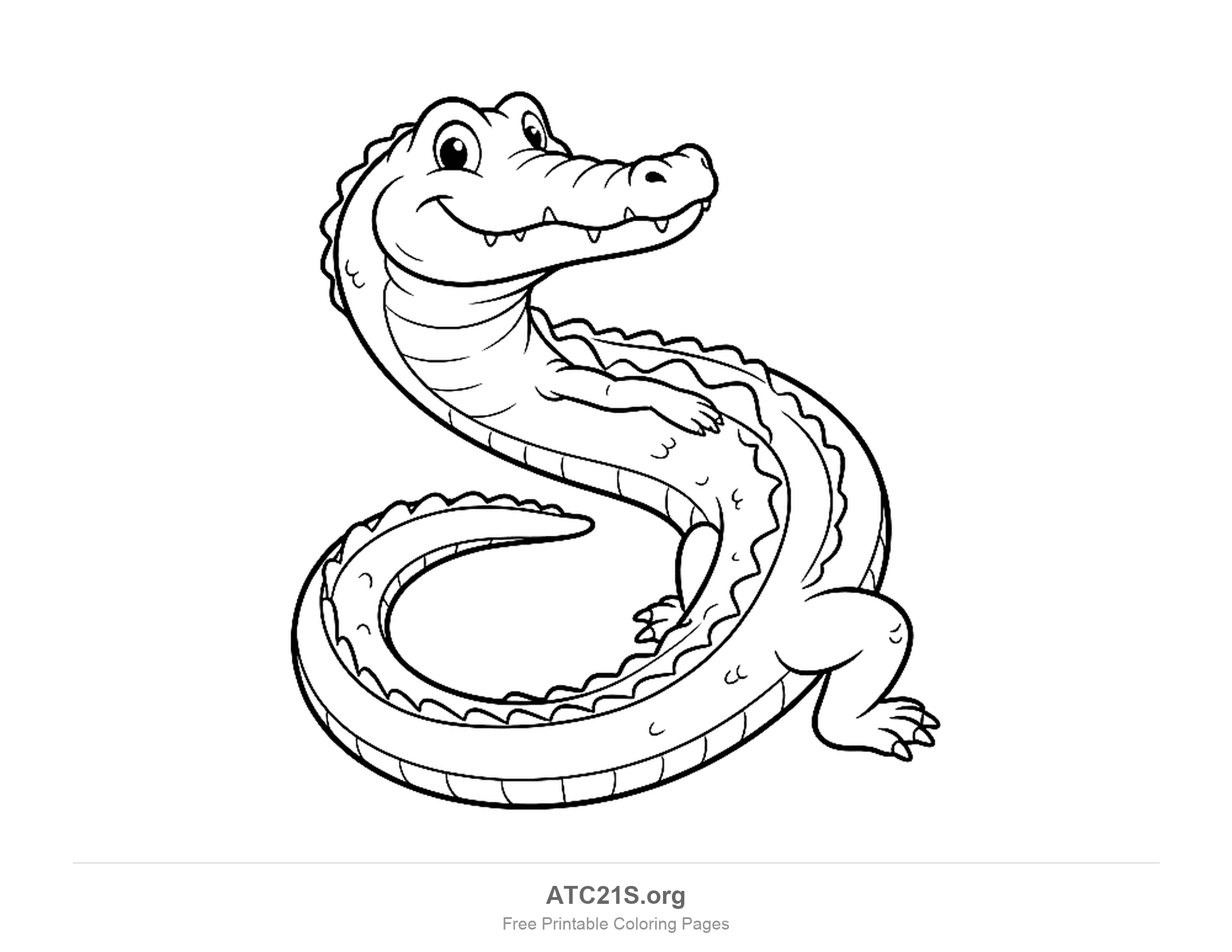 Smiling crocodile coiled in an S-curve with its head raised, a long ridged tail curling around and scutes along its back, coloring page for kids