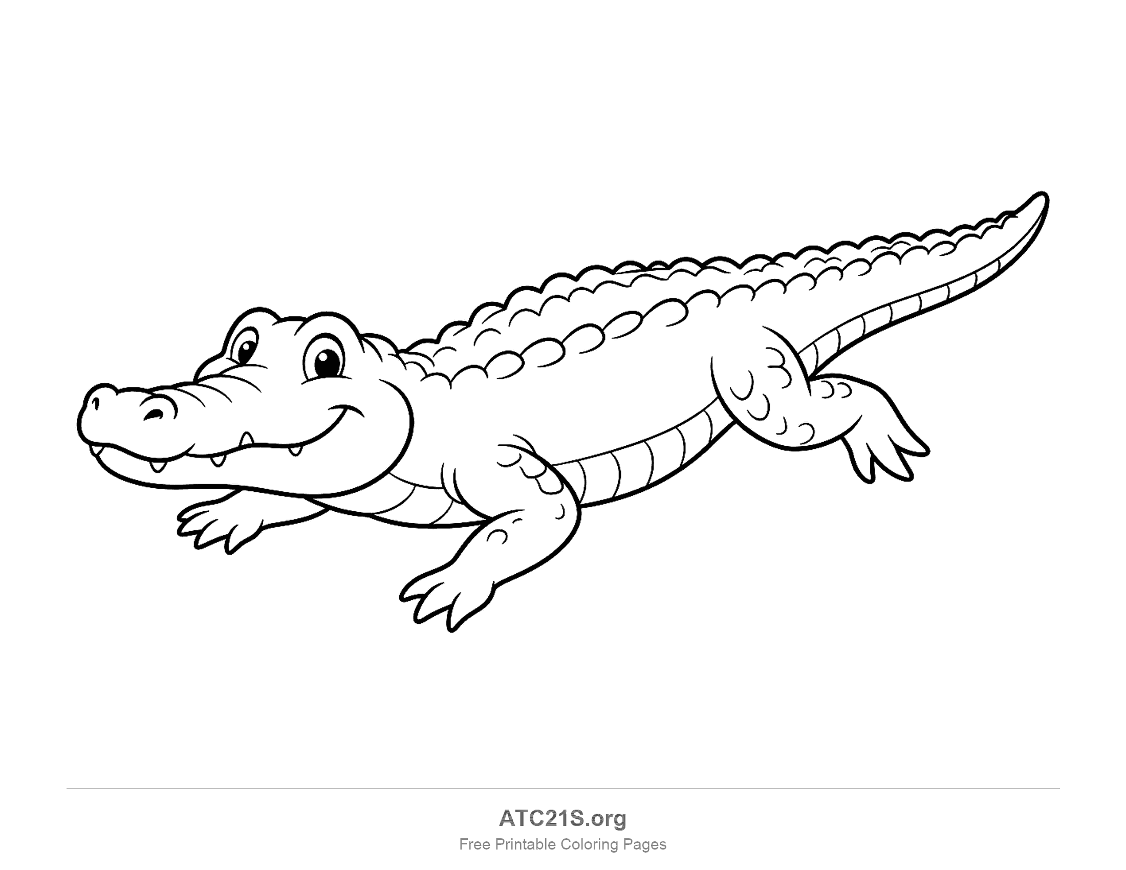 Crocodile swimming and gliding with its legs stretched out, a long tail and rows of scutes along its back, coloring page
