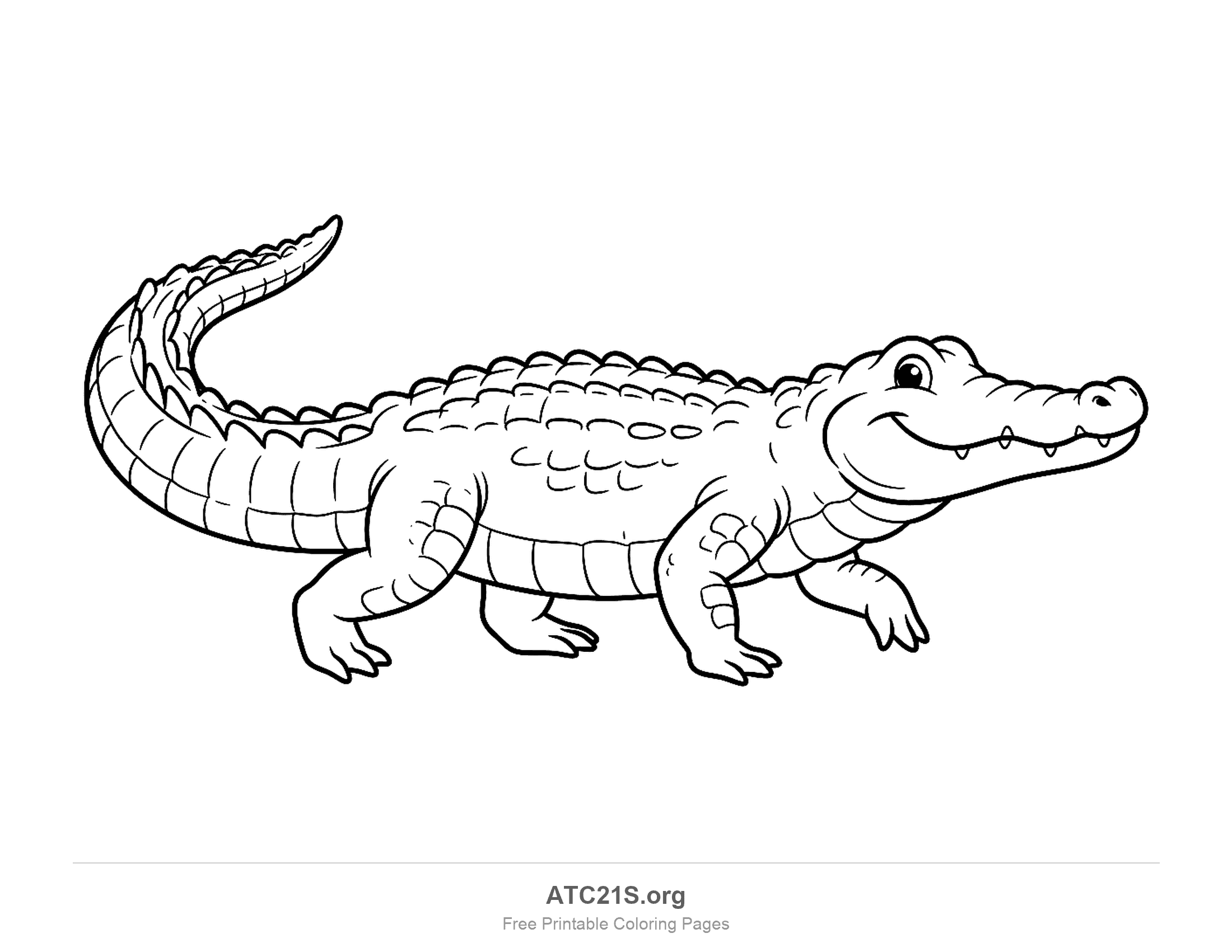 Detailed crocodile walking in side view with a raised tail, rows of back scutes, belly plates and a smiling snout, coloring page for older kids