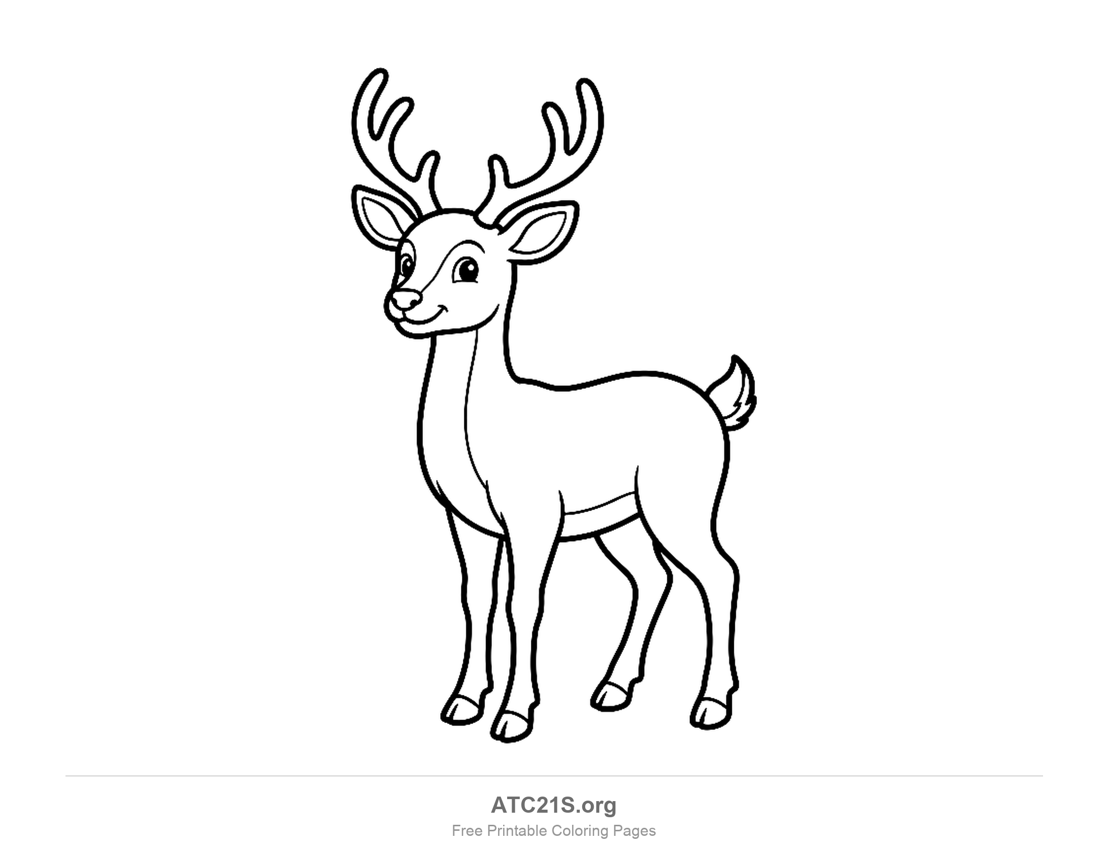 Smiling cartoon deer standing sideways with small branching antlers and a raised tail, easy coloring page for preschoolers