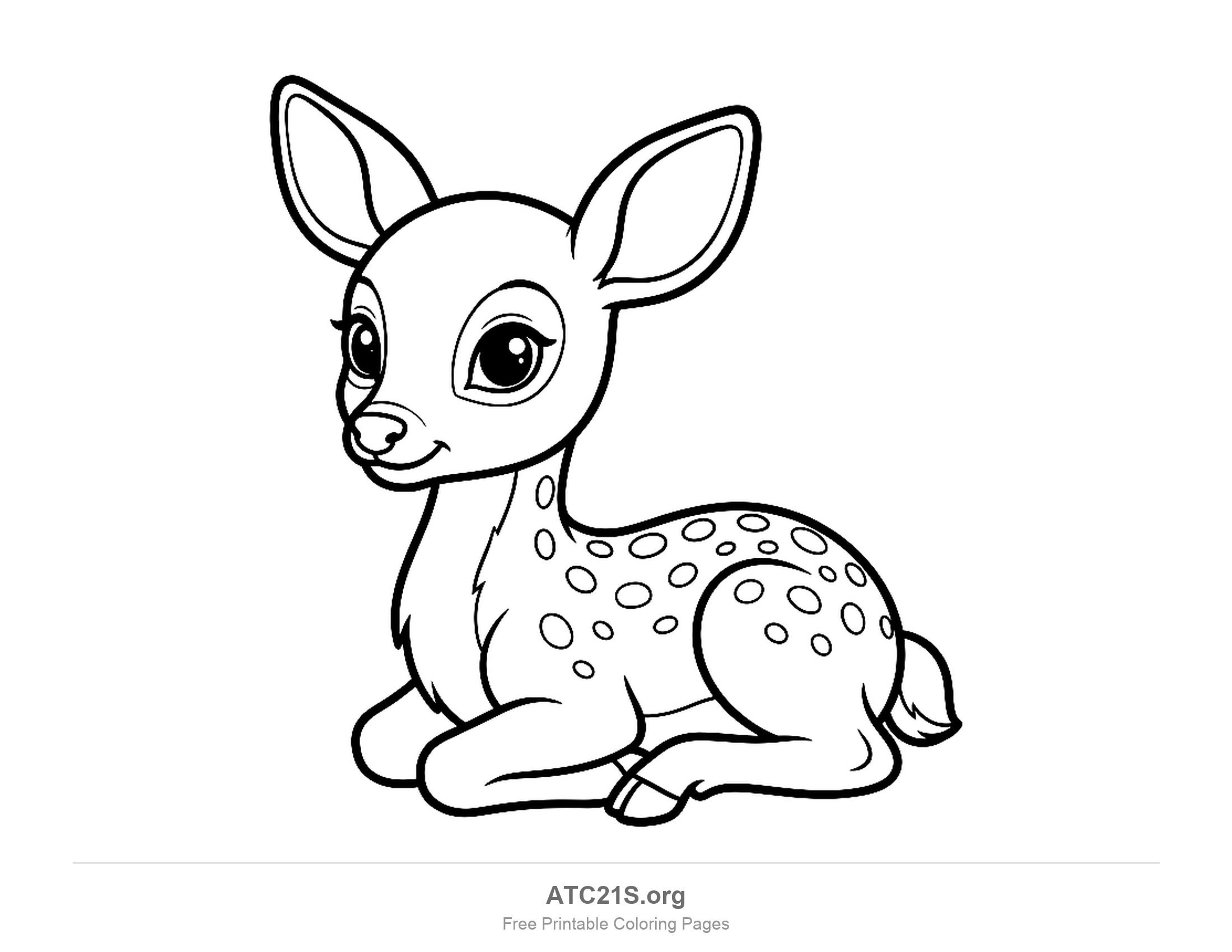Cute fawn lying down with big eyes, tall ears and rows of oval spots along its back, coloring page for kids
