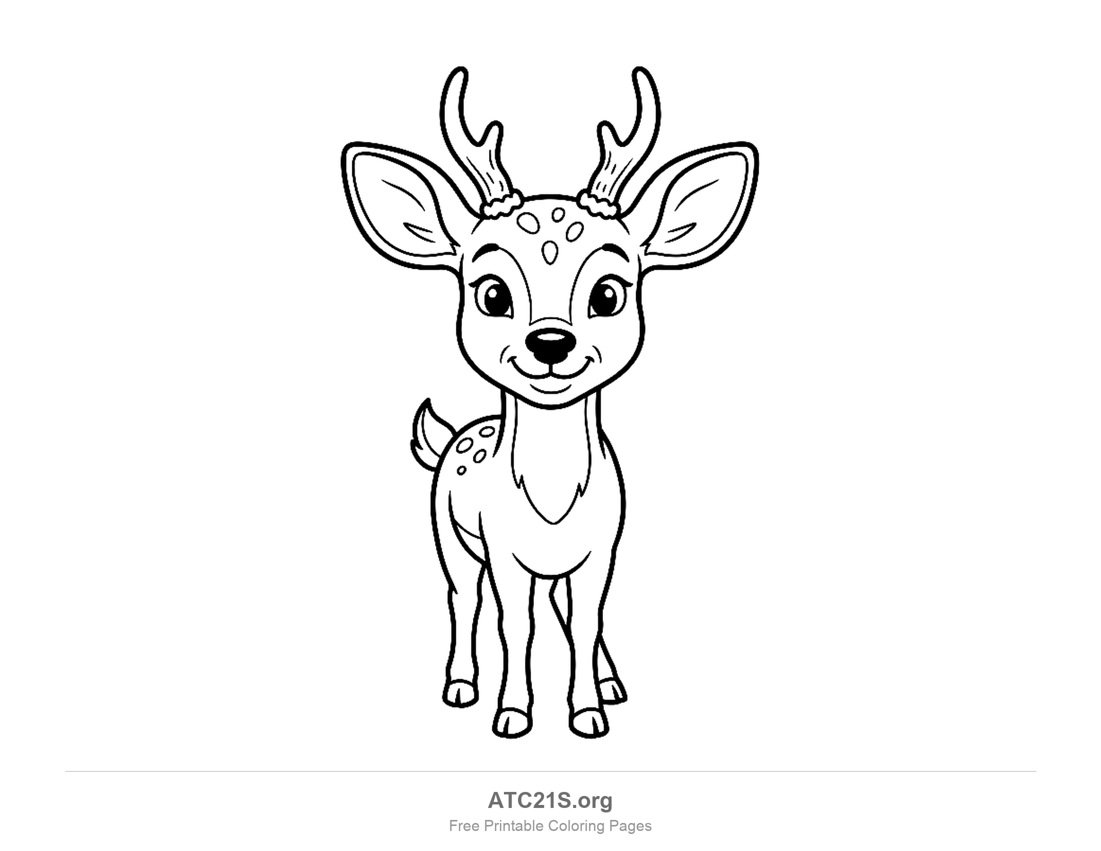Young deer facing forward on all four legs with two small antler nubs, wide ears and a smiling face, printable coloring page