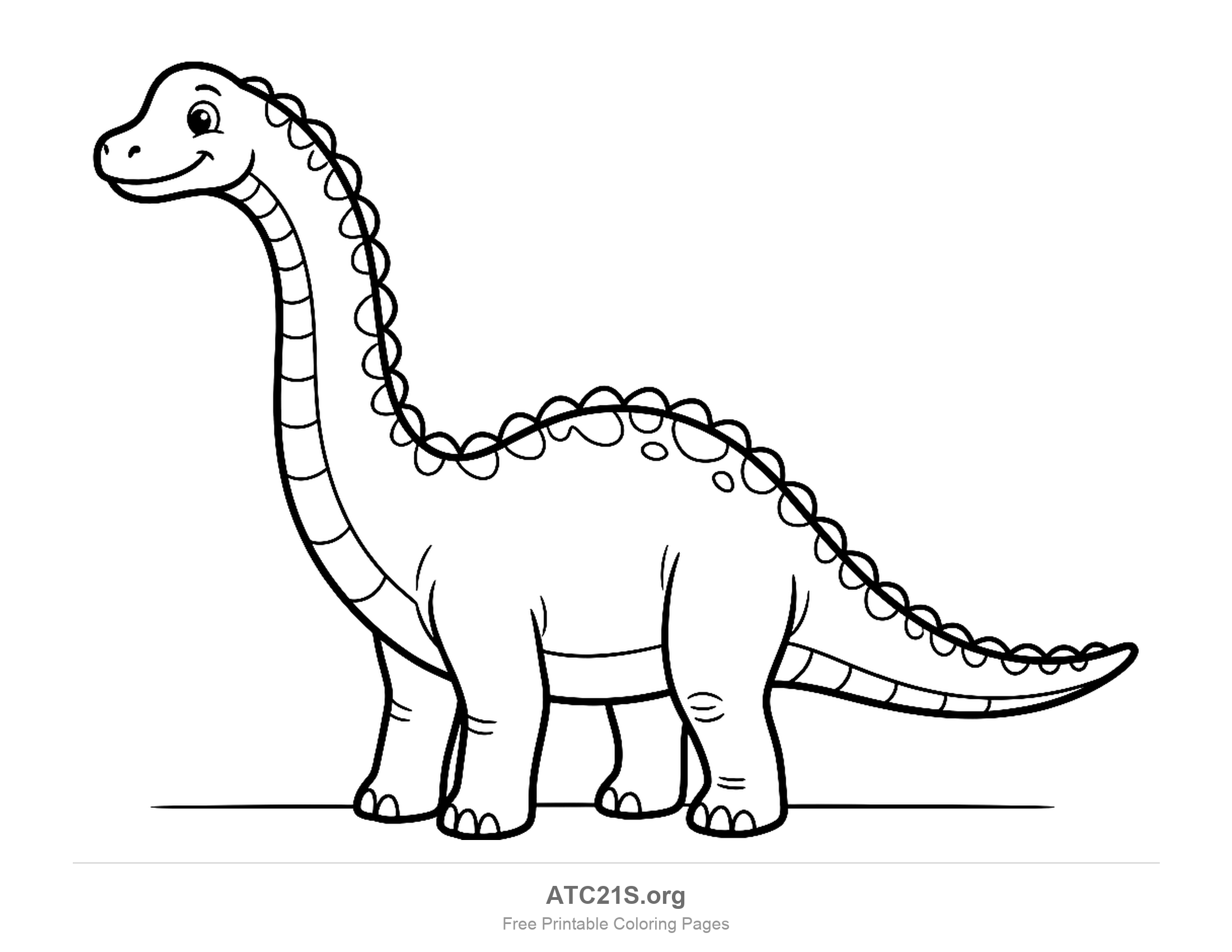 Friendly long-necked Brachiosaurus standing sideways with a scalloped ridge along its back, easy coloring page for preschoolers