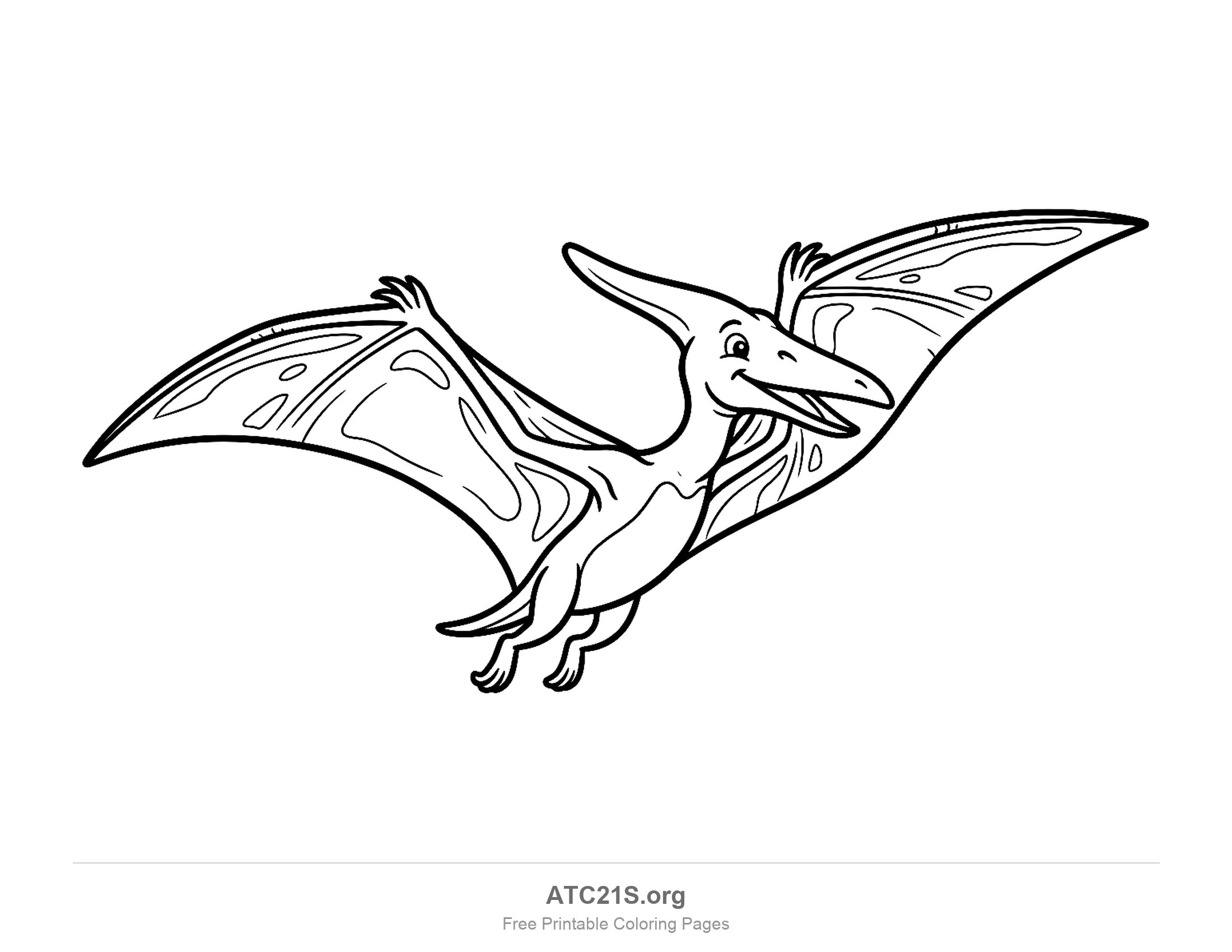 Pterodactyl gliding with both wings spread wide and its beak open, printable coloring page