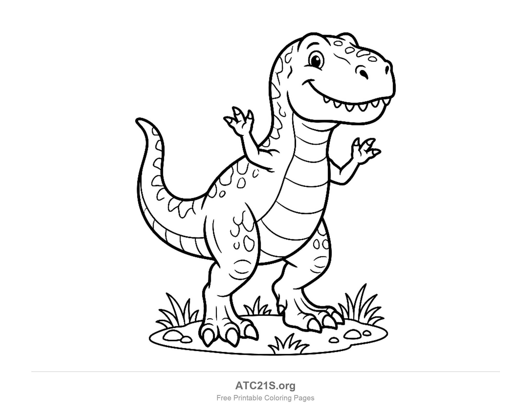 Cute cartoon Tyrannosaurus rex standing on a grassy patch with tiny arms raised and a wide smile, coloring page for kids