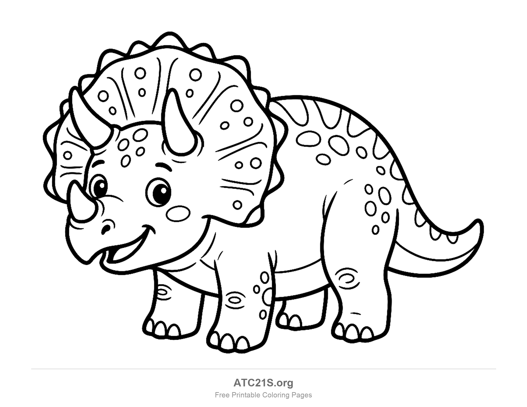Smiling Triceratops walking with three horns and a spotted neck frill, coloring page to print