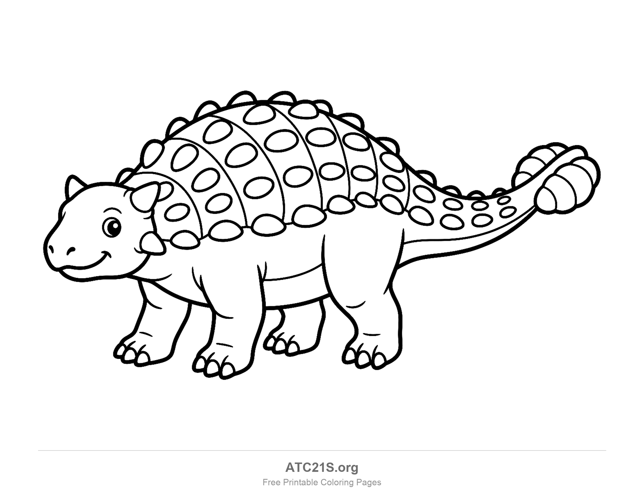 Ankylosaurus walking with rows of oval armour plates along its back and a bony club on its tail, coloring page