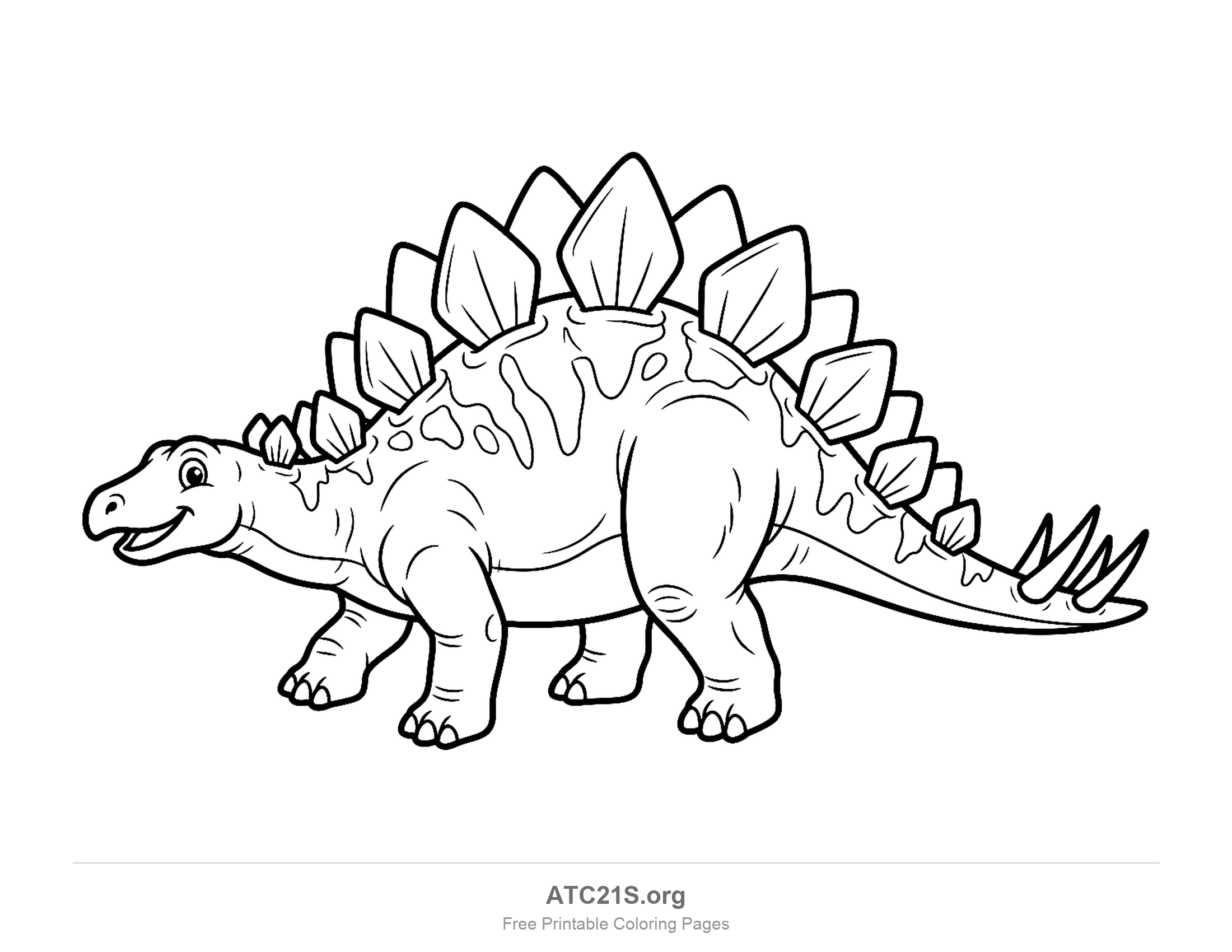 Stegosaurus in profile with two rows of large back plates, spiked tail and patterned skin, detailed coloring page