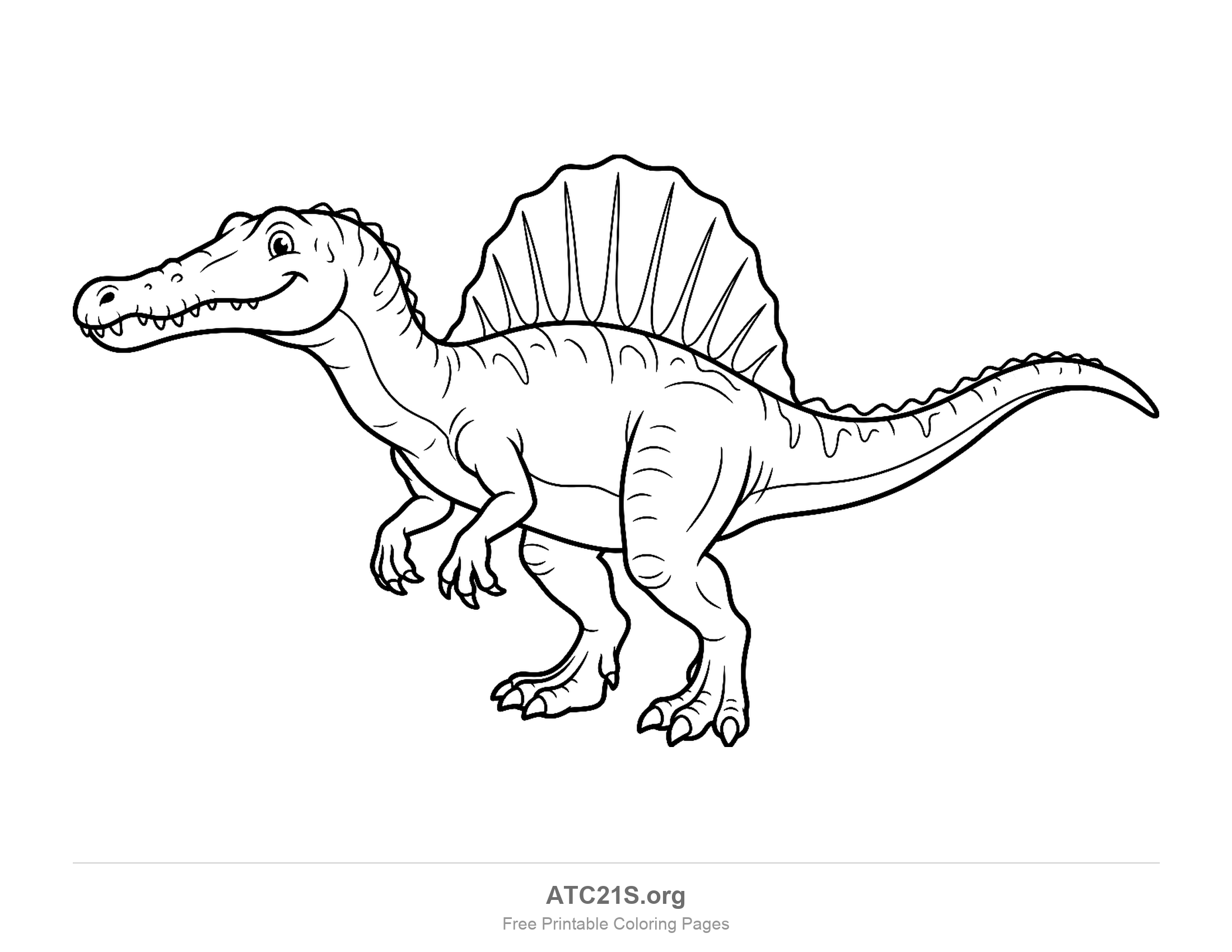 Spinosaurus standing with a tall ridged sail on its back, long crocodile-like jaws and clawed hands, detailed coloring page for older kids