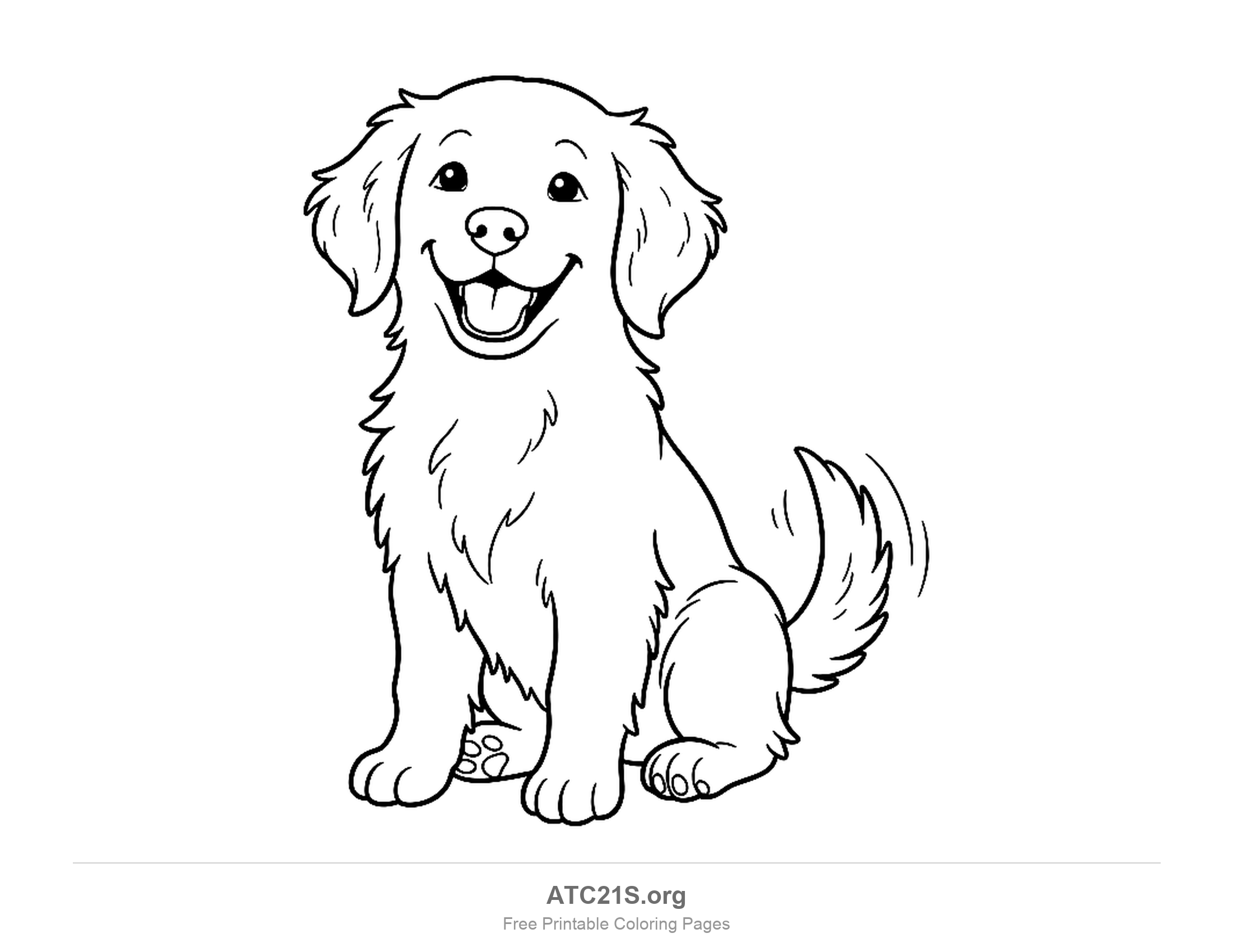 Happy fluffy puppy sitting facing forward with its tongue out and tail wagging, simple coloring page for preschoolers