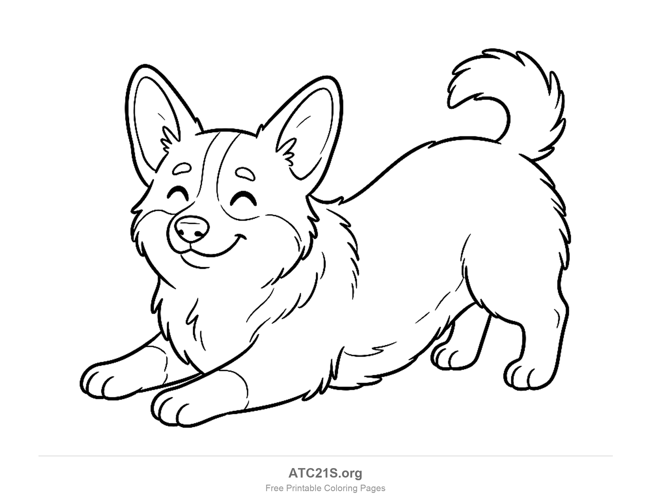 Cute corgi in a play-bow with front paws stretched forward, eyes closed in a smile and a fluffy curled tail, printable coloring page
