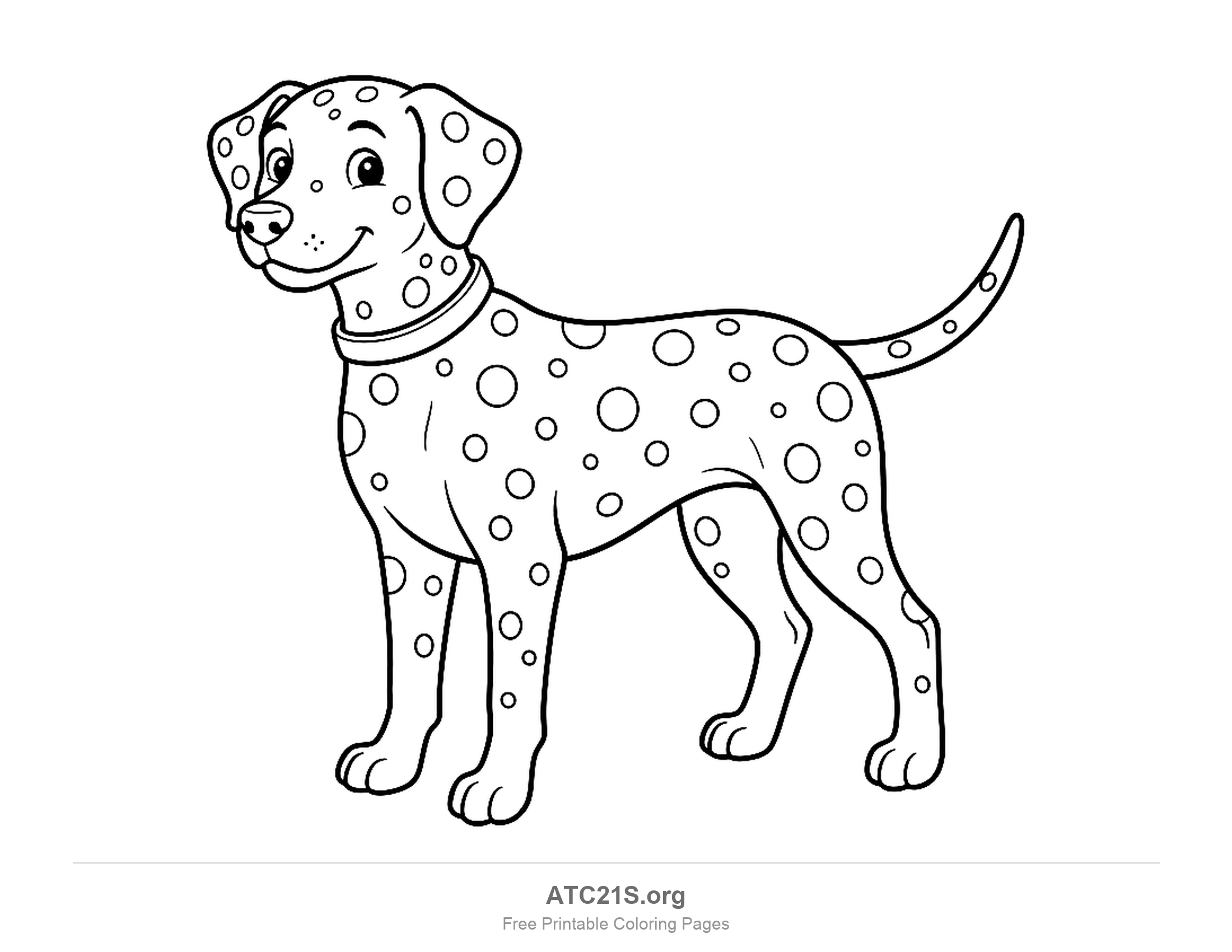 Smiling Dalmatian standing in side view covered in round spots and wearing a collar, coloring page for kids