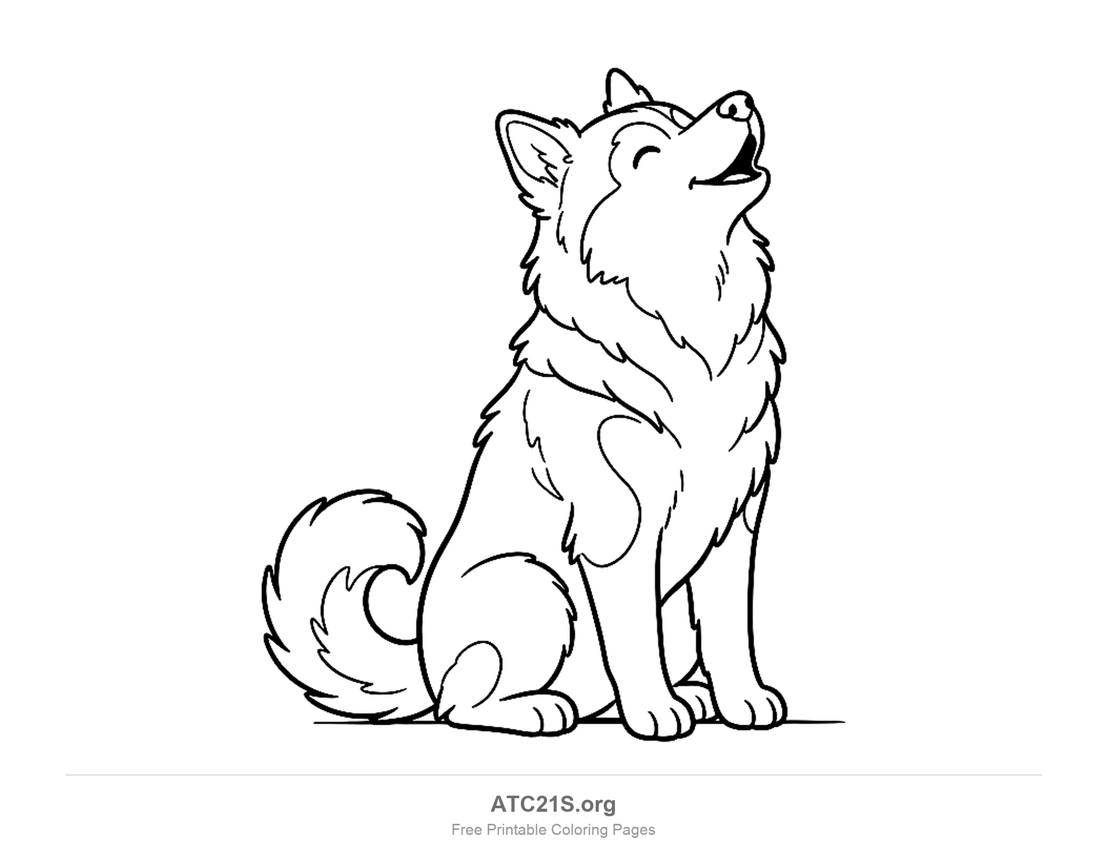 Husky sitting and howling with its nose pointed up, a thick ruff of fur and a curled tail, coloring page for kids