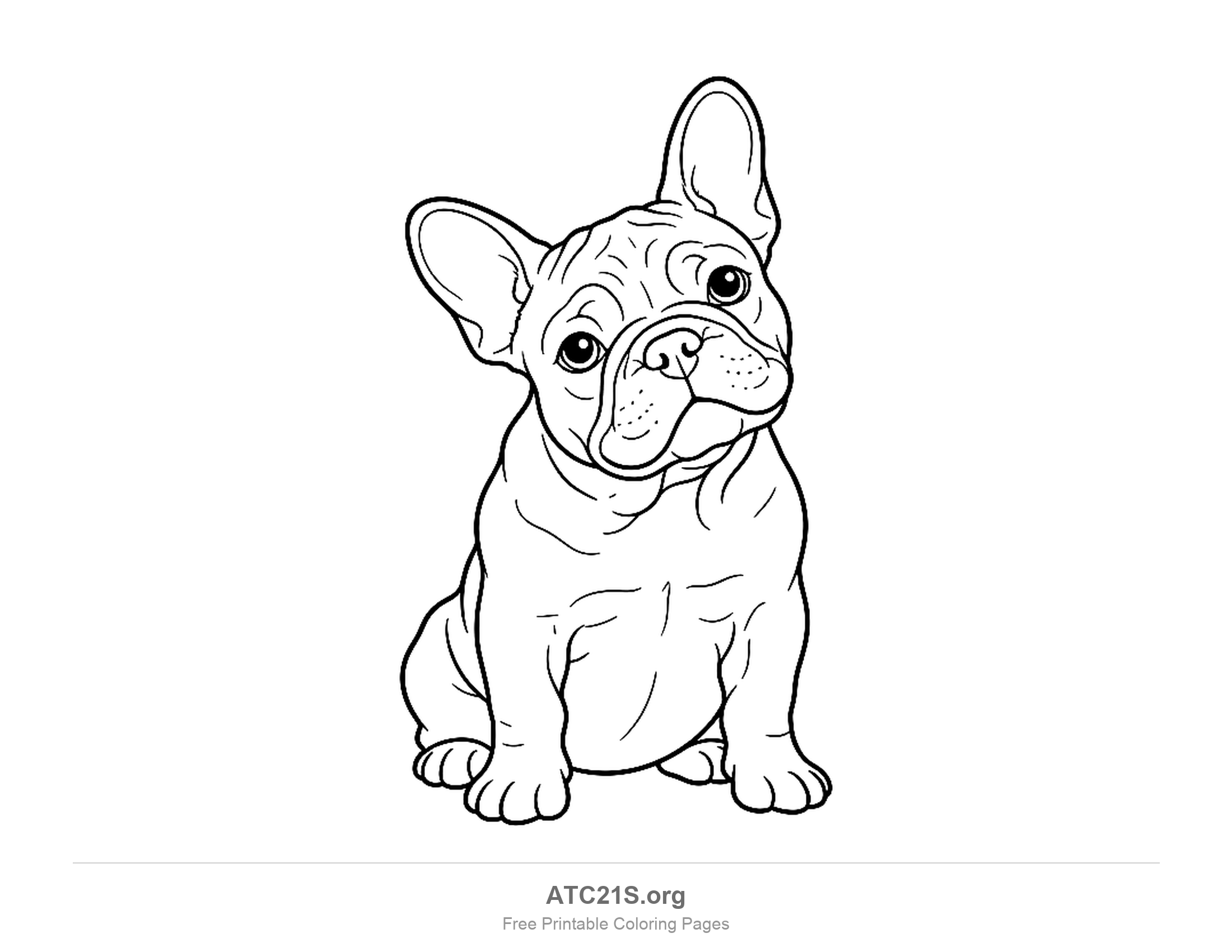 French bulldog sitting slightly turned with bat ears, a wrinkled muzzle and a short compact body, detailed coloring page for older kids