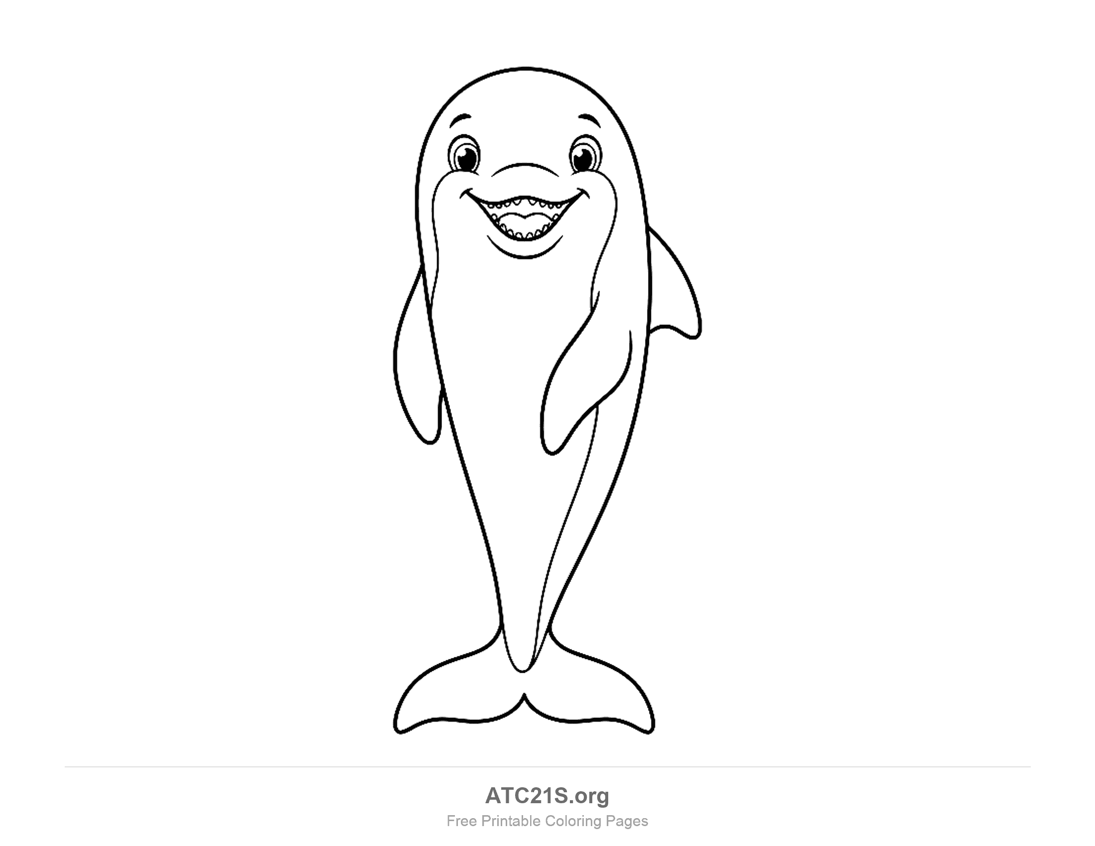 Cute cartoon dolphin standing upright facing forward with a big toothy grin and flippers at its sides, simple coloring page for preschoolers