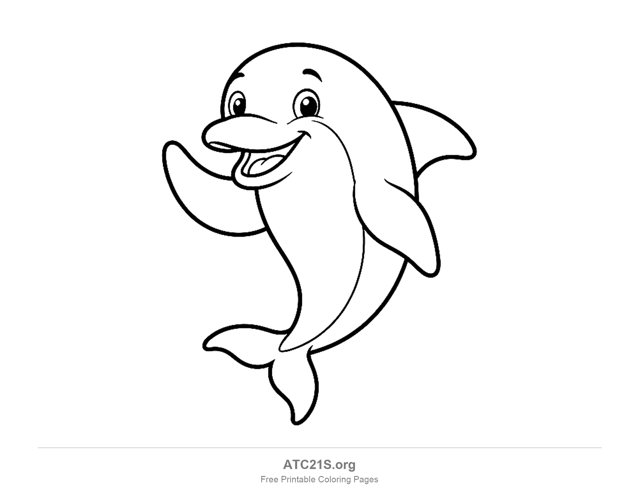 Cute cartoon dolphin waving one flipper with a wide open smile and big round eyes, printable coloring page