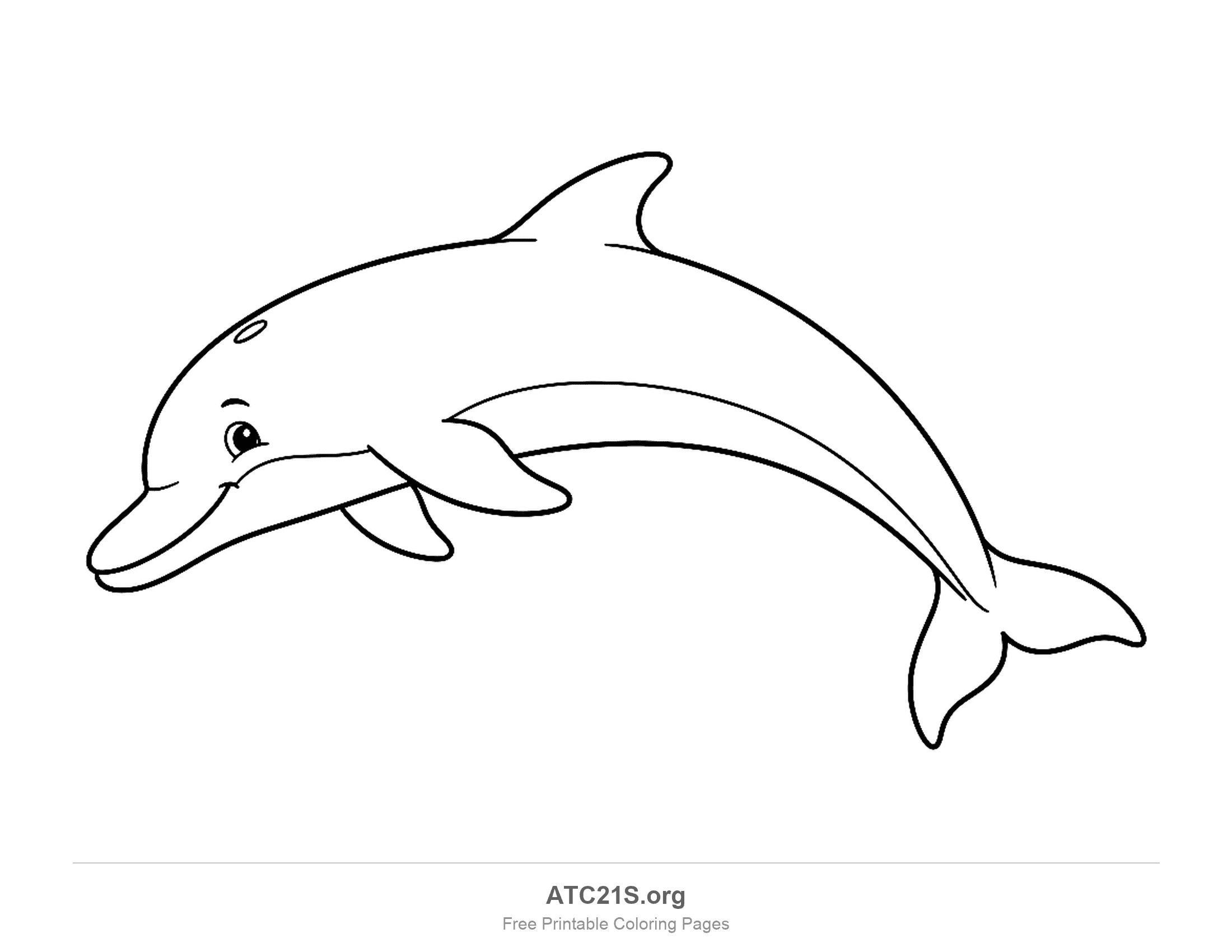 Simple smiling dolphin leaping in an arch with a clean outline and a belly stripe, easy coloring page for kids