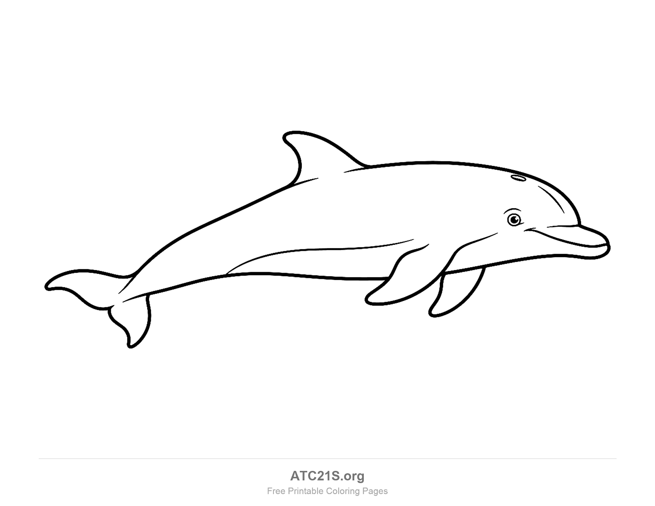 Simple dolphin swimming in a gentle curve with a dorsal fin, pectoral fins and a fluke, coloring page to print