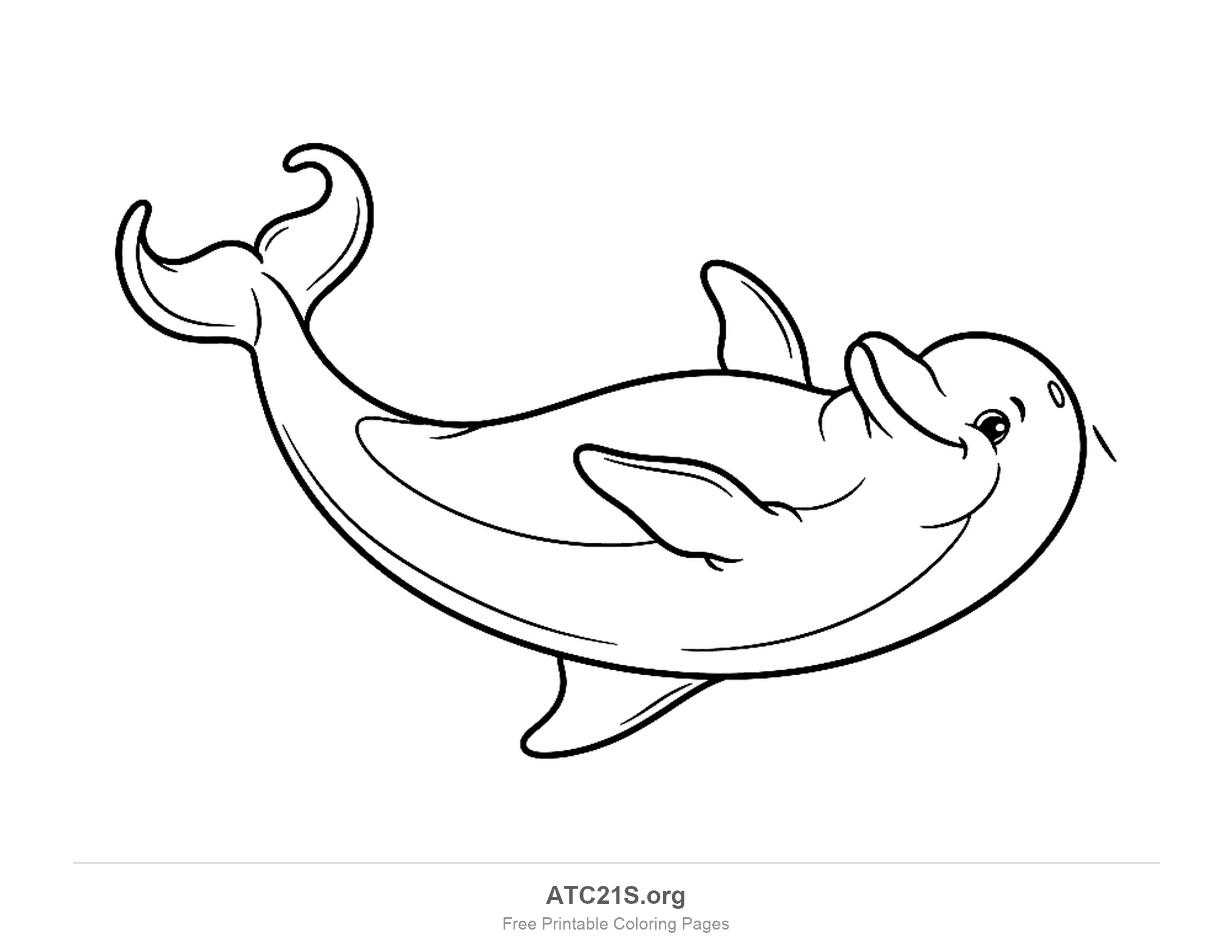 Playful dolphin rolling on its back with a curled tail and a smiling face, coloring page