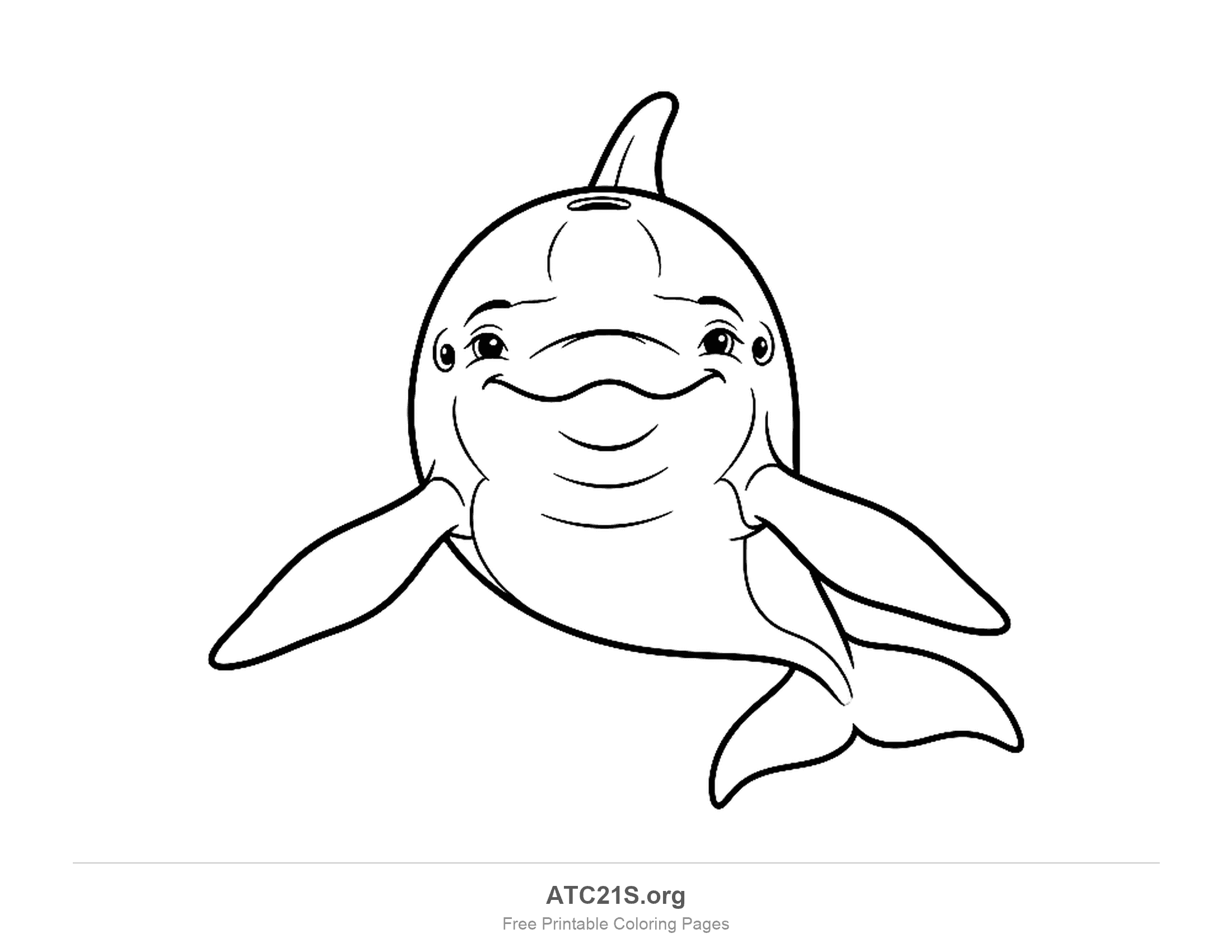 Detailed dolphin swimming head-on toward the viewer with spread flippers, a dorsal fin and a smiling face, coloring page for older kids