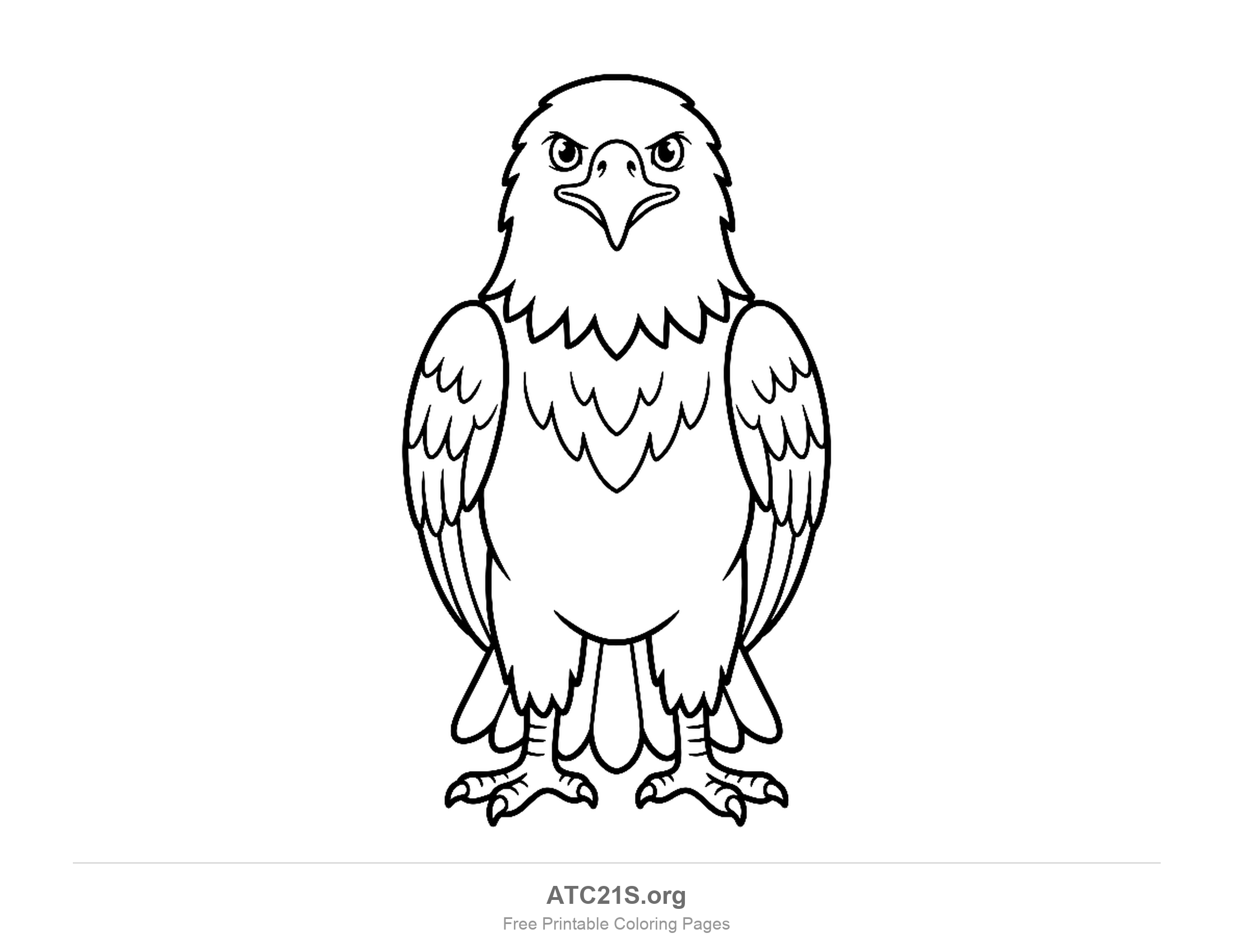 Cartoon eagle standing straight on facing forward with wings folded at its sides, simple coloring page for preschoolers