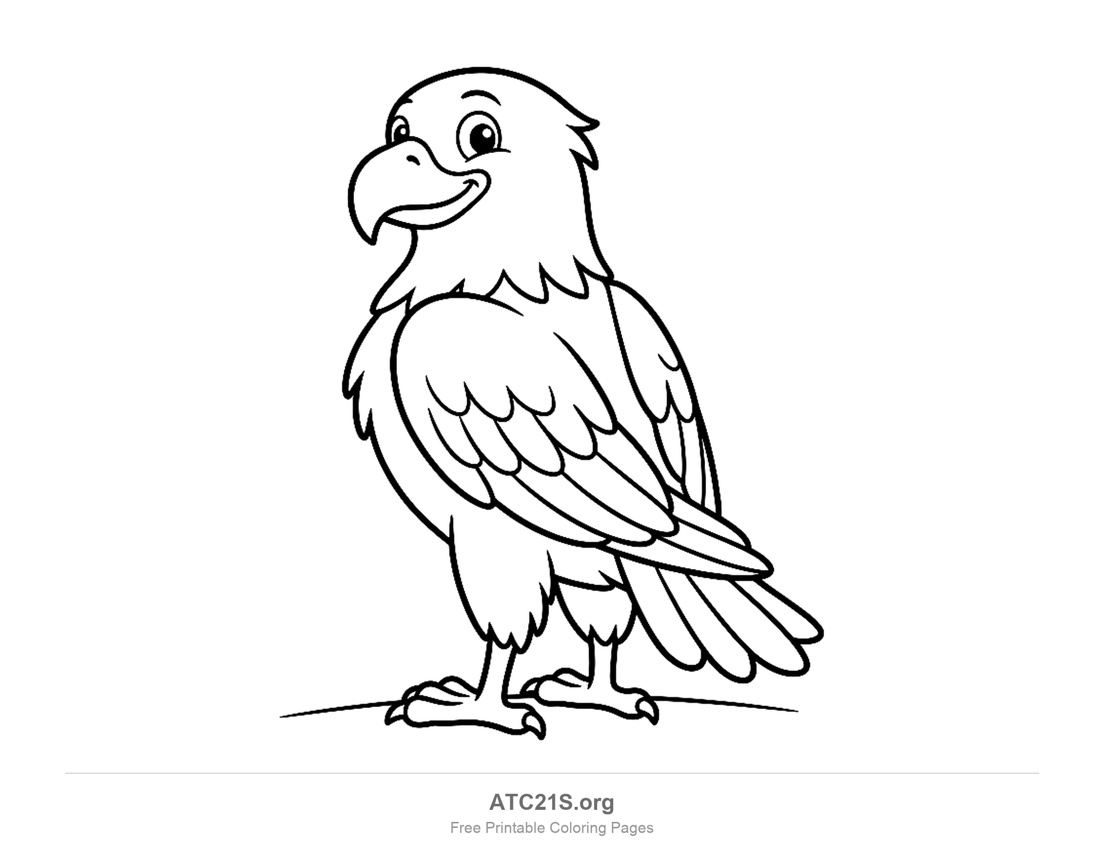 Friendly cartoon eagle perched in side view with a smile and scalloped wing feathers, easy coloring page for kids