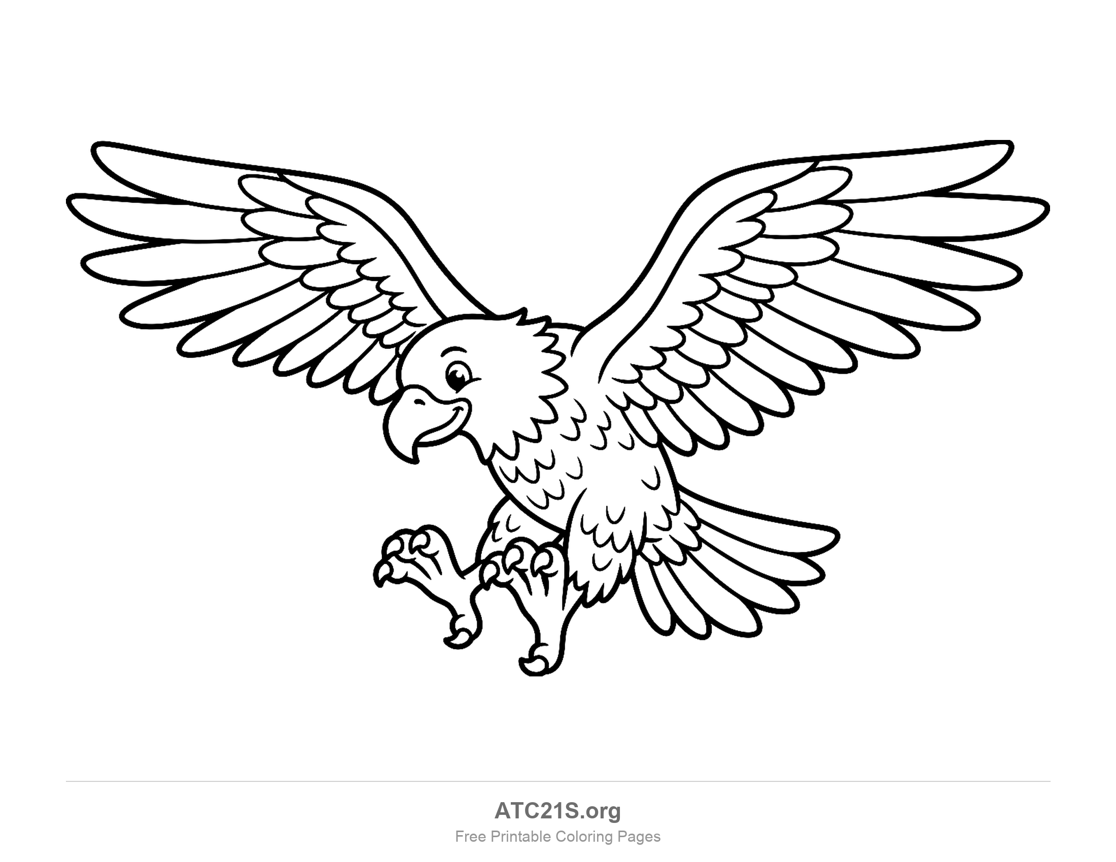 Cartoon eagle swooping down with both wings spread wide and talons reaching forward to land, printable coloring page