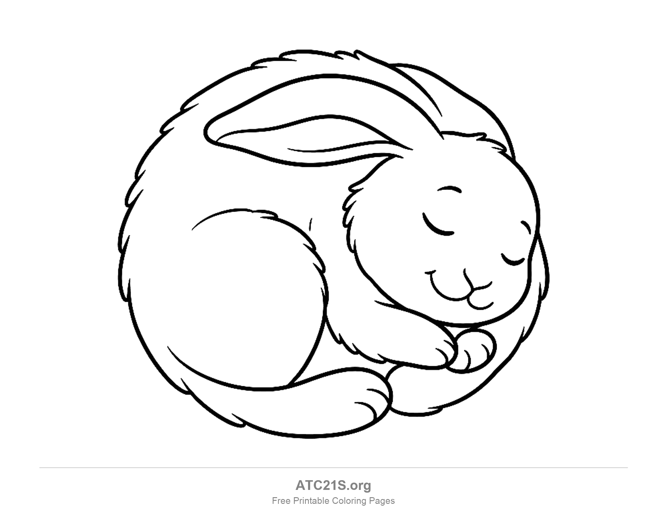 Easter bunny curled into a ball asleep with closed eyes and long ears wrapped over its back, simple coloring page for preschoolers