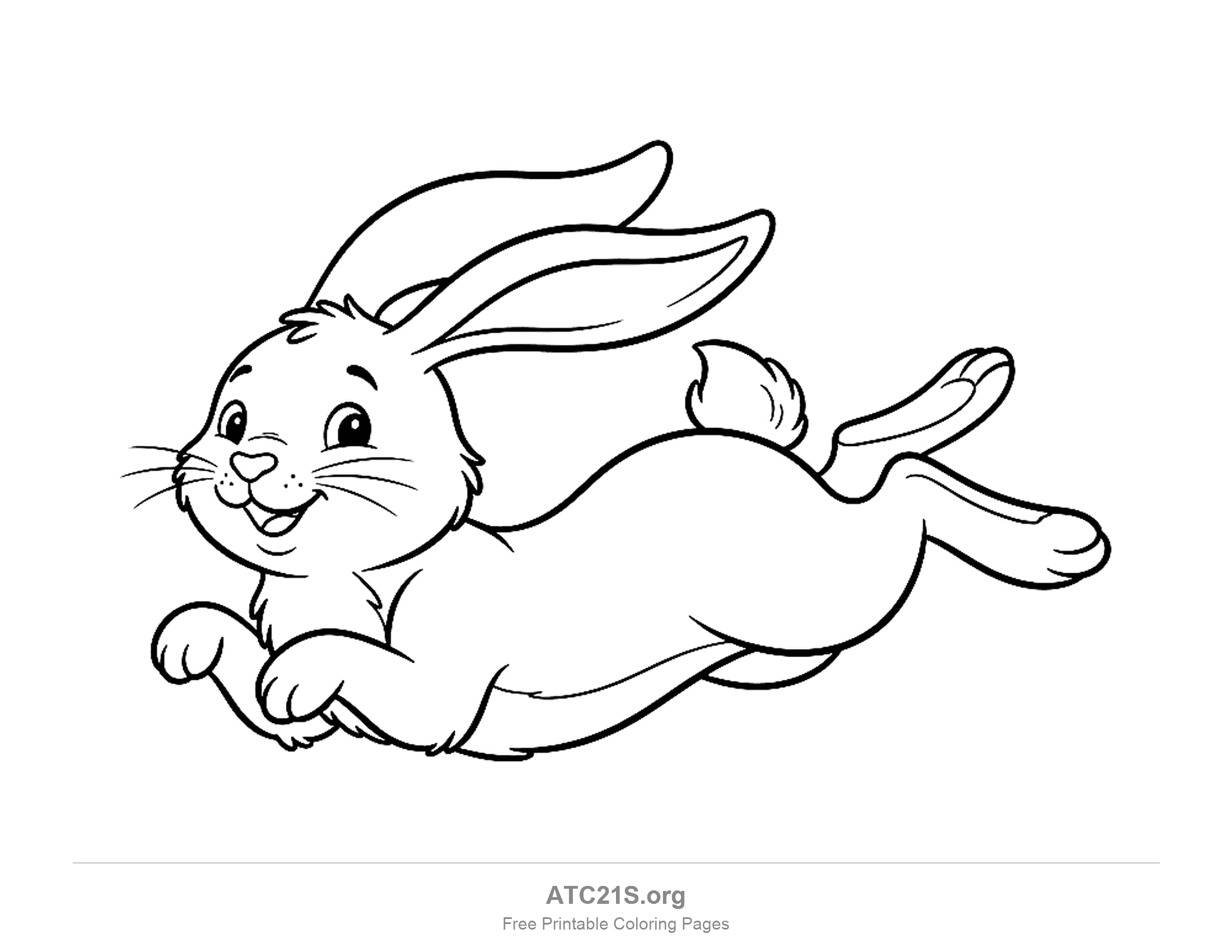 Happy Easter bunny hopping through the air with ears swept back, front paws stretched out and a fluffy tail, printable coloring page