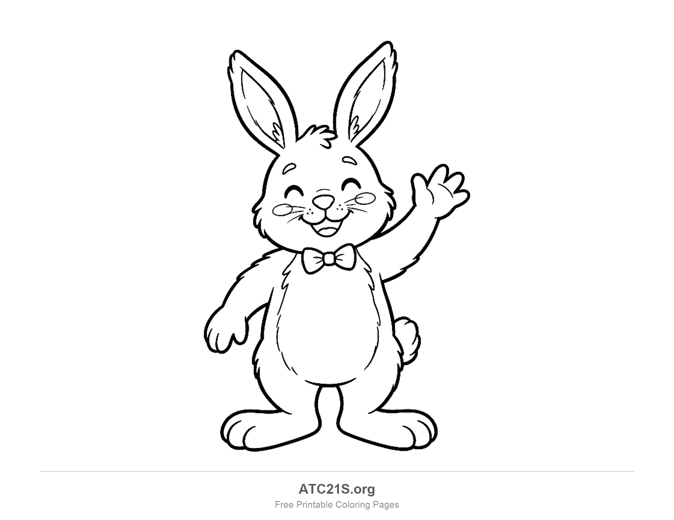 Smiling Easter bunny standing and waving one paw, wearing a bow tie with closed happy eyes, coloring page for kids