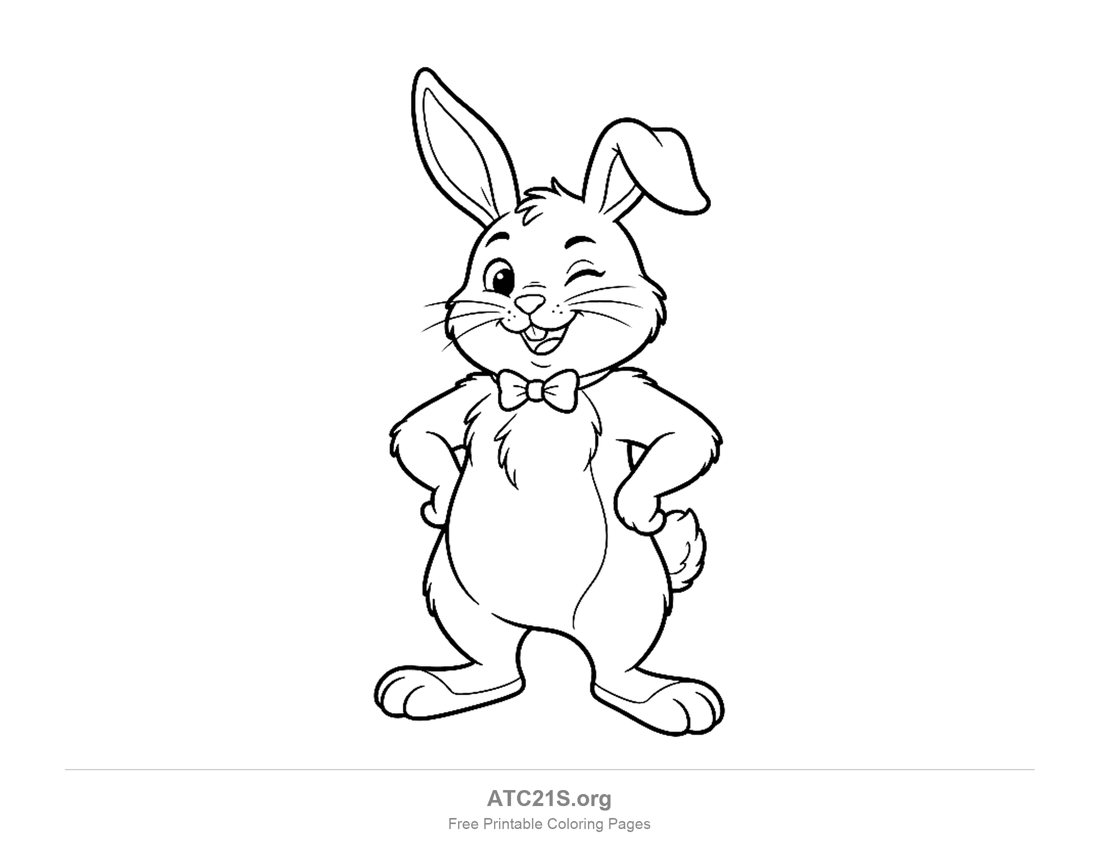 Proud Easter bunny standing with hands on hips, winking and wearing a bow tie, coloring page to print