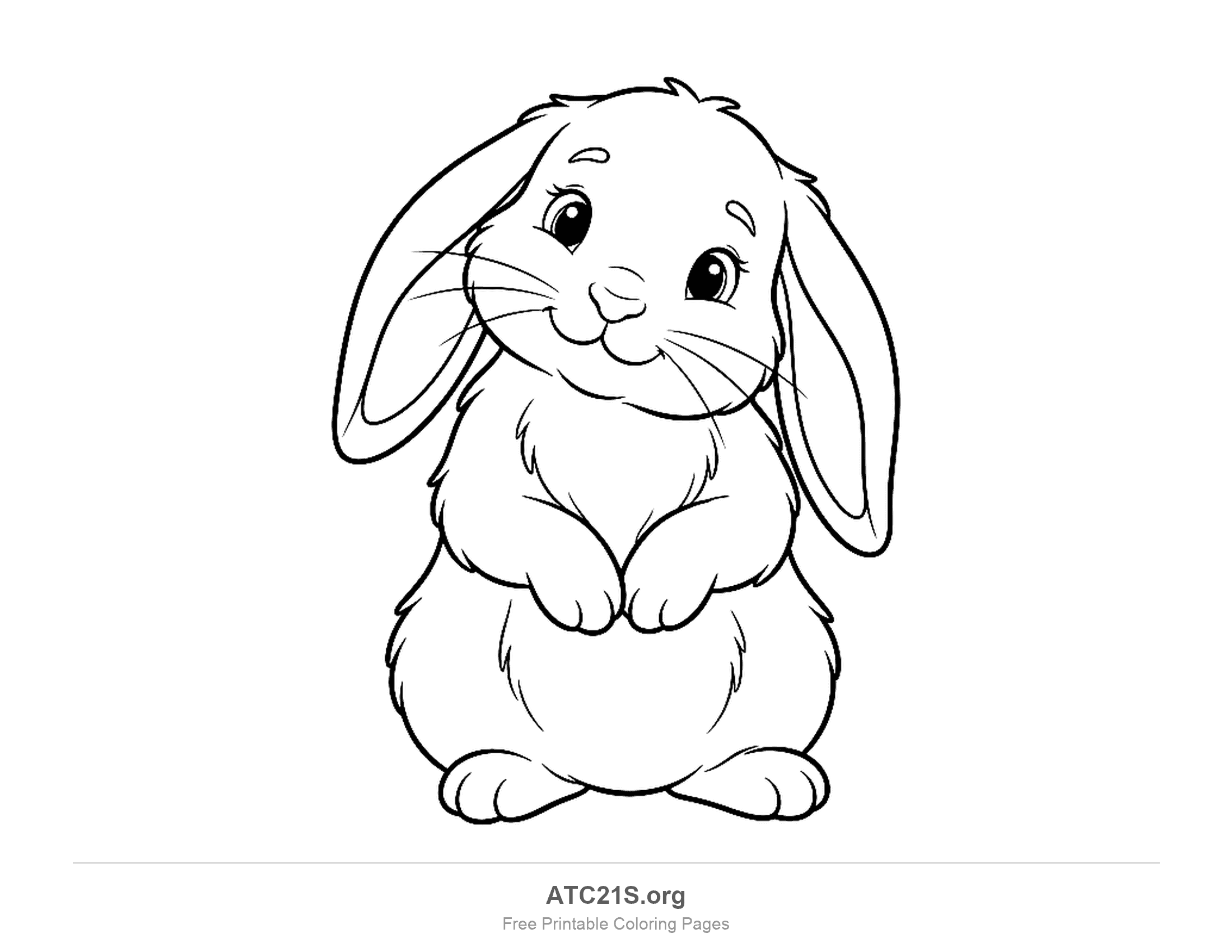 Cute lop-eared Easter bunny sitting upright with long floppy ears hanging down and front paws held together, coloring page