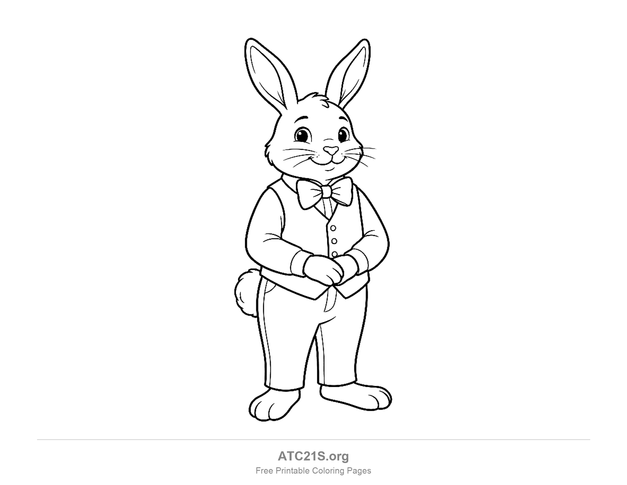 Easter bunny standing in a buttoned vest, bow tie and trousers with hands clasped, coloring page for kids