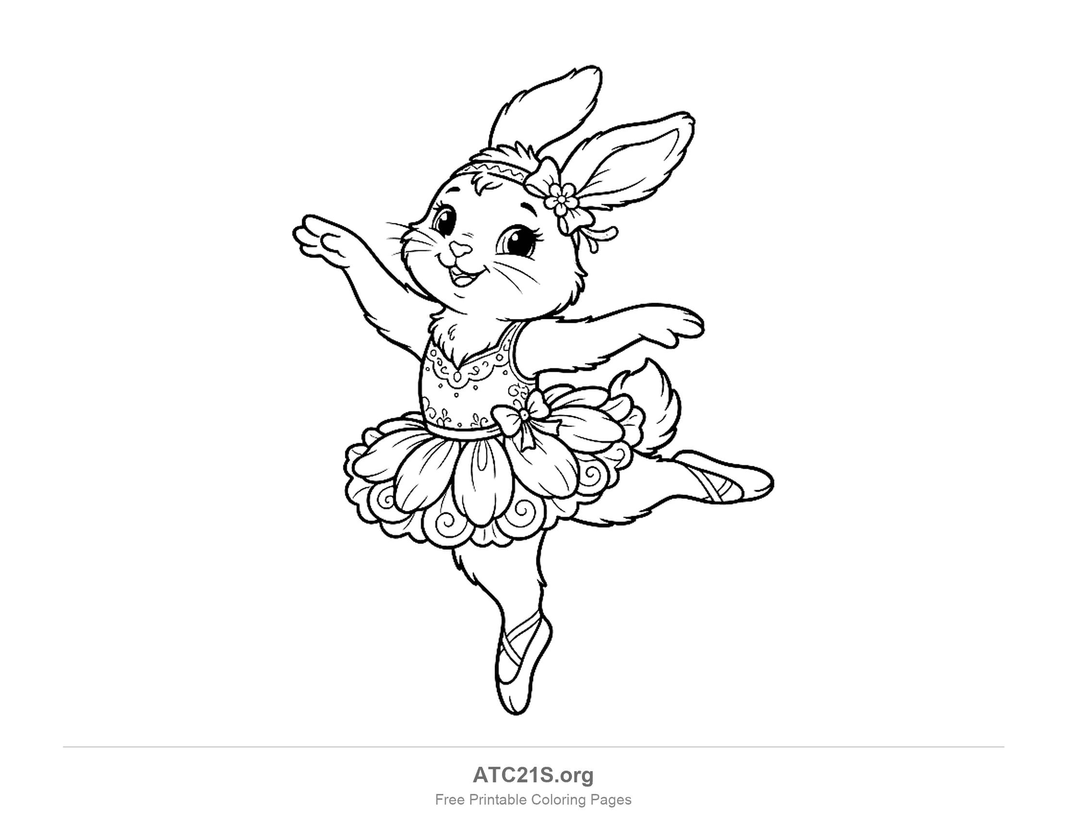 Easter bunny dancing on tiptoe in a ruffled tutu, flower headband and ballet slippers, detailed coloring page for older kids