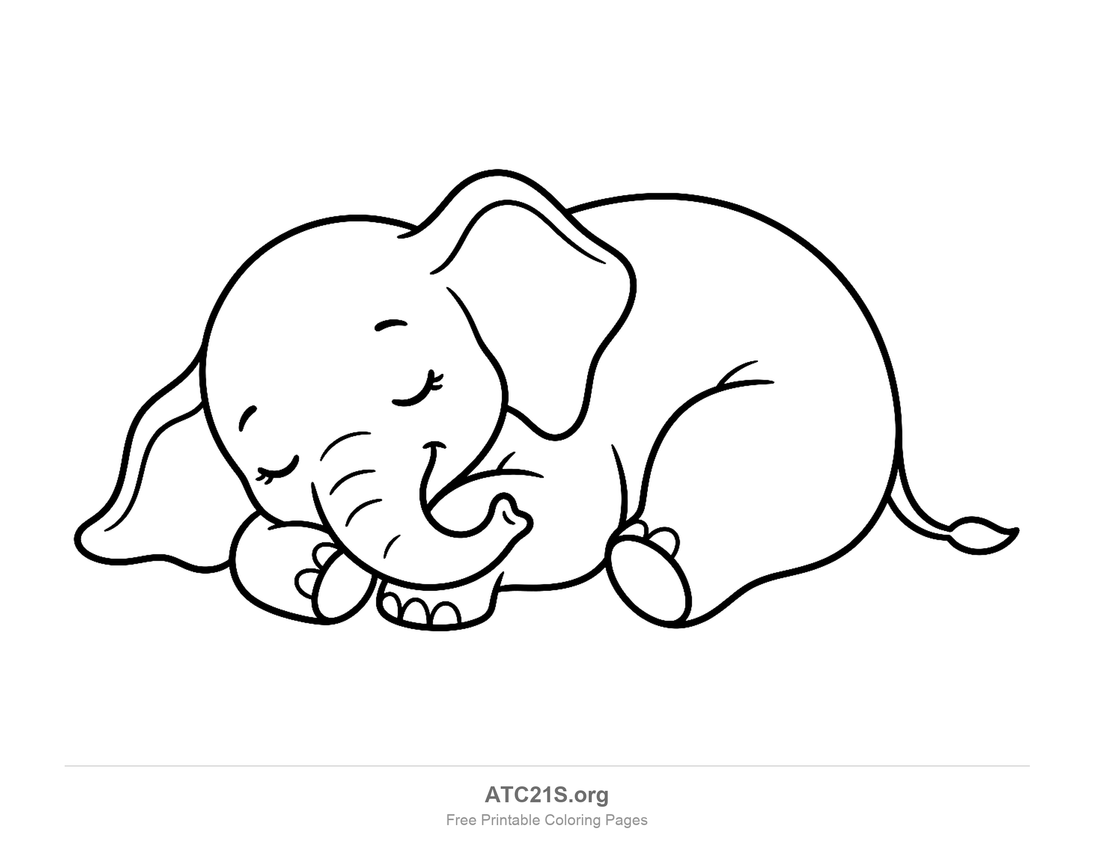 Baby elephant curled up asleep with its eyes closed and trunk tucked in, simple coloring page for preschoolers